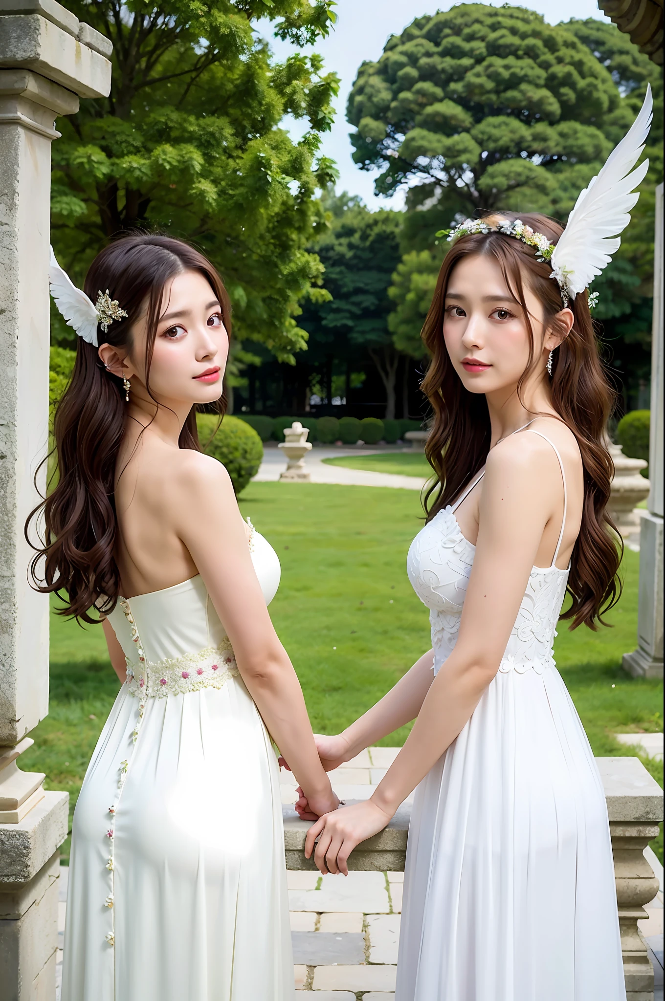 Dressed up with winged cute angel, wearing a beautiful garland on his head, symmetrical white feather material imitating huge wings, exquisite details, portraits, breasts, outdoors, ancient buildings, tall stone pillars, stone railings, a 25-year-old woman named Yiping in an ancient castle: 2, eyes looking at the camera, back to the camera, natural expression, posture not stiff, curly wavy long hair, white dress long dress, the same character, various poses, different angles, rich skin details: 1.5,