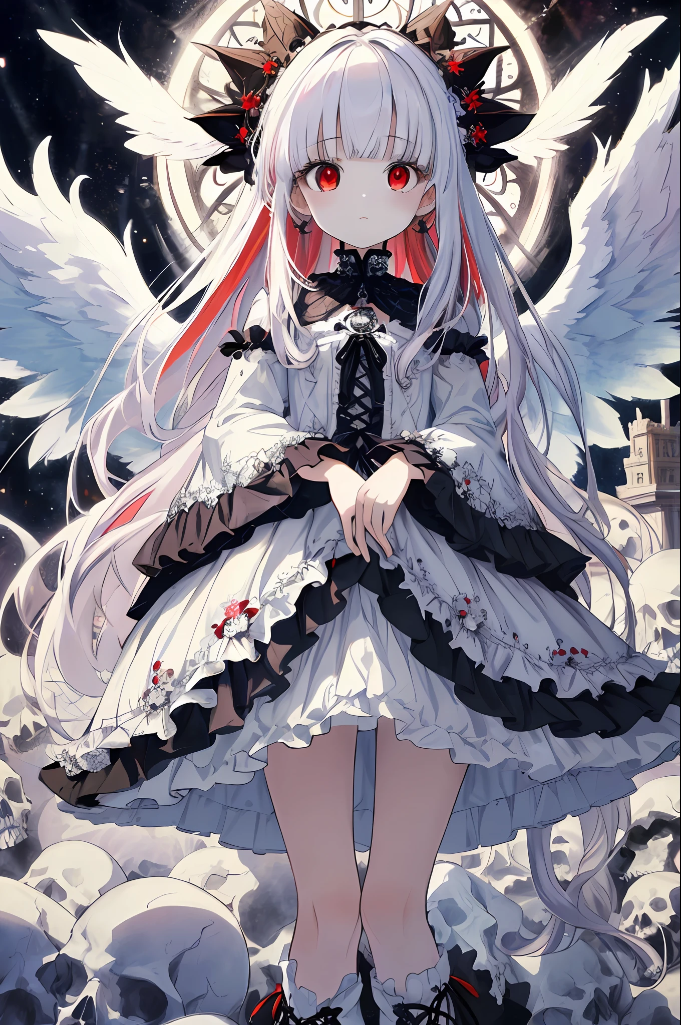 (masterpiece, absurd quality, best quality, official art, beautiful and aesthetic:1.2), (1 small girl:1.4), extreme detailed, (fractal art:1.3), colorful, highest detailed, vivid color, from above,
angel, albino, babyface, hugging the skull,
dark light, fluffy white frilly dress, white lace-up short boots, fluffy angel wings, pure white long hair, beautiful detailed red eyes, glaring at viewer, lots of skulls,