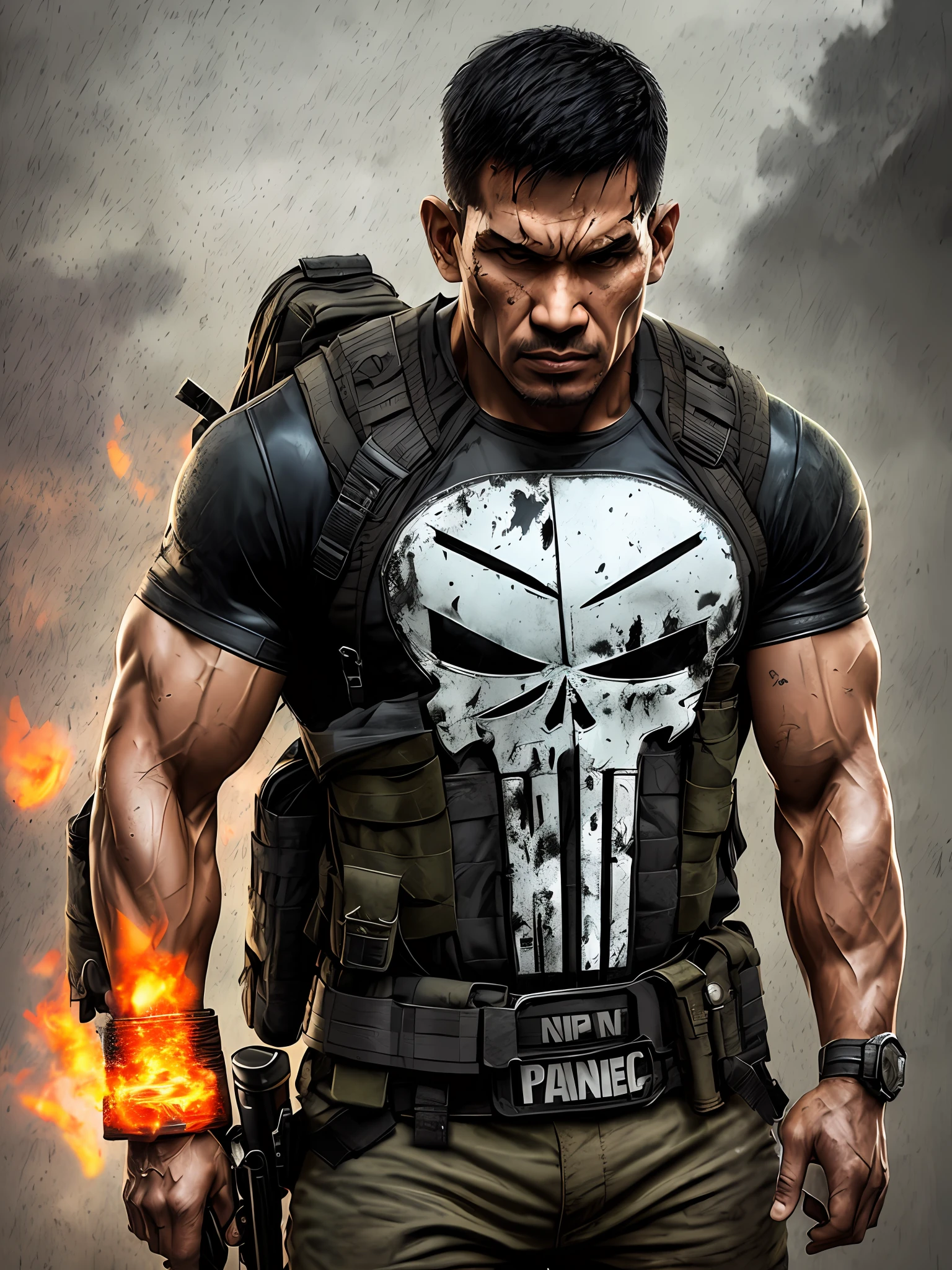 The Punisher, Indonesian Man, strong muscular man, street angry, backpack, epic realistic, photo, faded, complex stuff around, intricate background, soaking wet, neutral colors, ((((hdr)))), ((((muted colors)))), intricate scene, artstation, intricate details, vignette