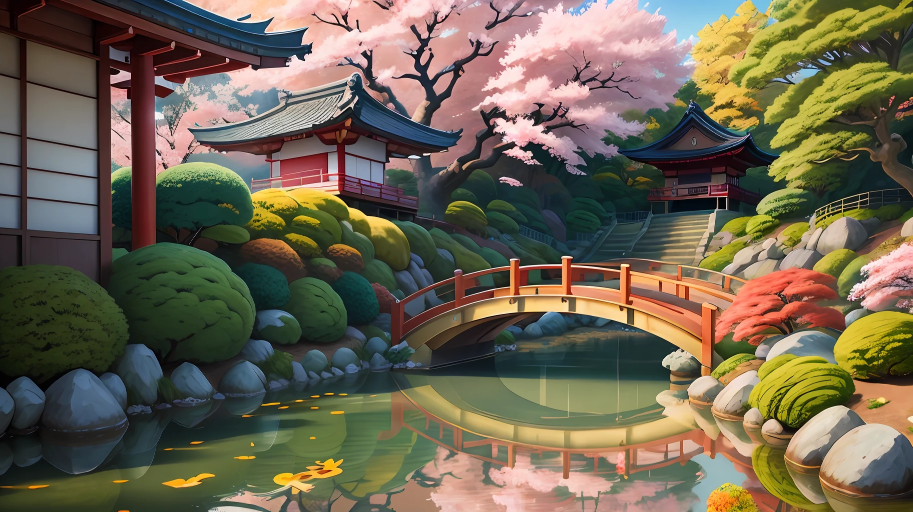 (digital painting),(best quality), serene Japanese garden, cherry blossoms in full bloom, koi pond, footbridge, pagoda, Ukiyo-e art style, Hokusai inspiration, Deviant Art popular, 8k ultra-realistic, pastel color scheme, soft lighting, golden hour, tranquil atmosphere, landscape orientation
