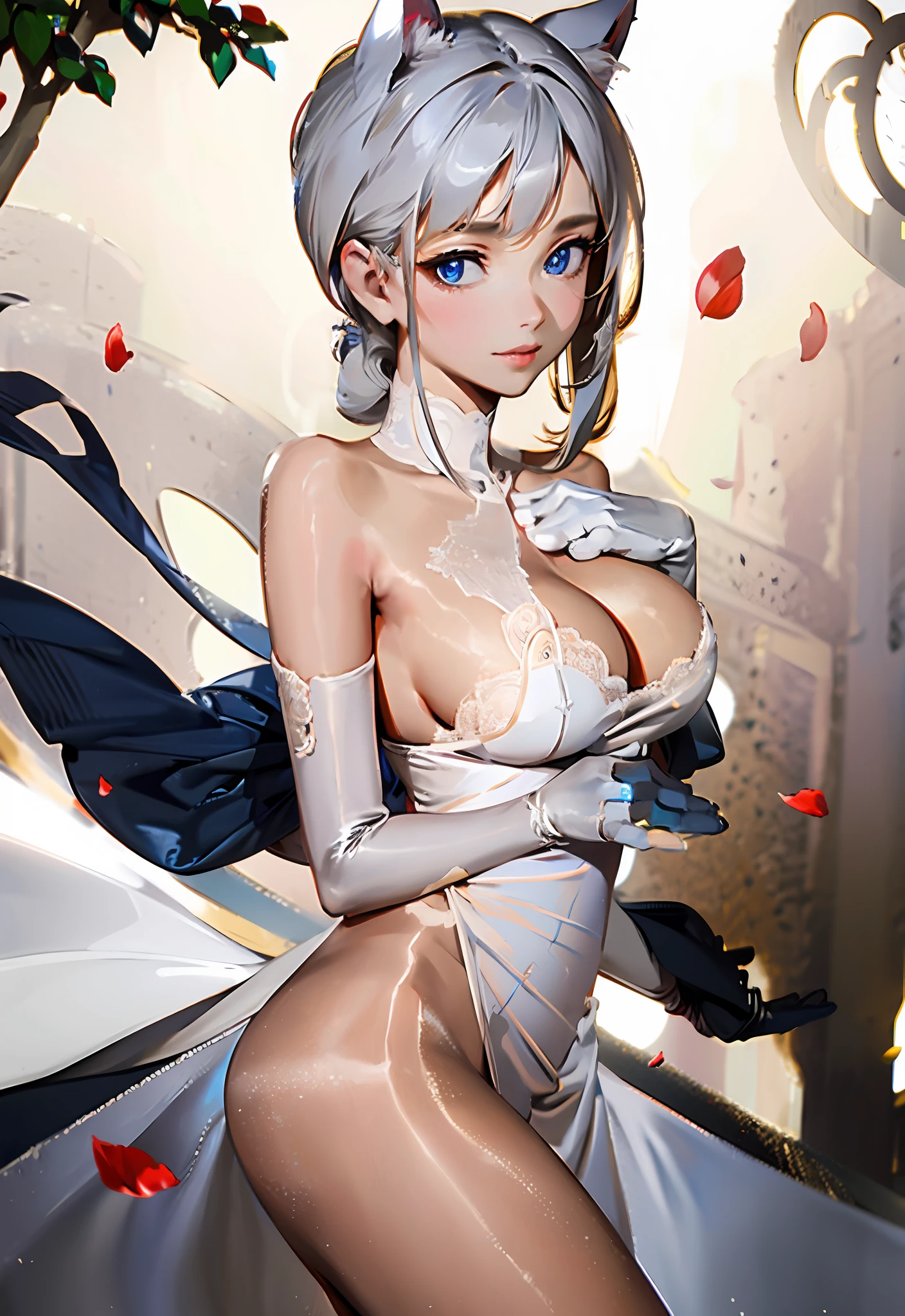 best quality, masterpiece, highly detailed, 1girl, solo, Transparent white skin, mature woman, sister, White hair, silver hair, bare shoulder, Shoulderless Dresses, close to viewer, white lace dress, white lace long skirt, elbow gloves, cat ears, rational, bangs, very long hair, light smile, streaked hair, beautiful silver long hair girl, blue eyes, light pink lips, large breasts, delicate face, delicate hands, calm, flower background, petal dancing