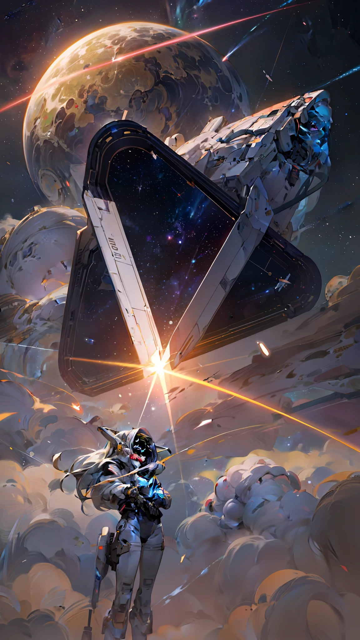 1girl, astronaut, aurora, boots, city_lights, constellation, earth_\(planet\), galaxy, light_particles, long_hair, mecha, milky_way, moon, night, night_sky, planet, red_eyes, science_fiction, shooting_star, sky, solo, space, space_craft, space_helmet, spacesuit, star_\(sky\), starry_sky, starry_sky_print, weapon，a sci - fil flying through the air over a planet with a spaceship in the background and a space station in the foreground, by Masaaki Sasamoto