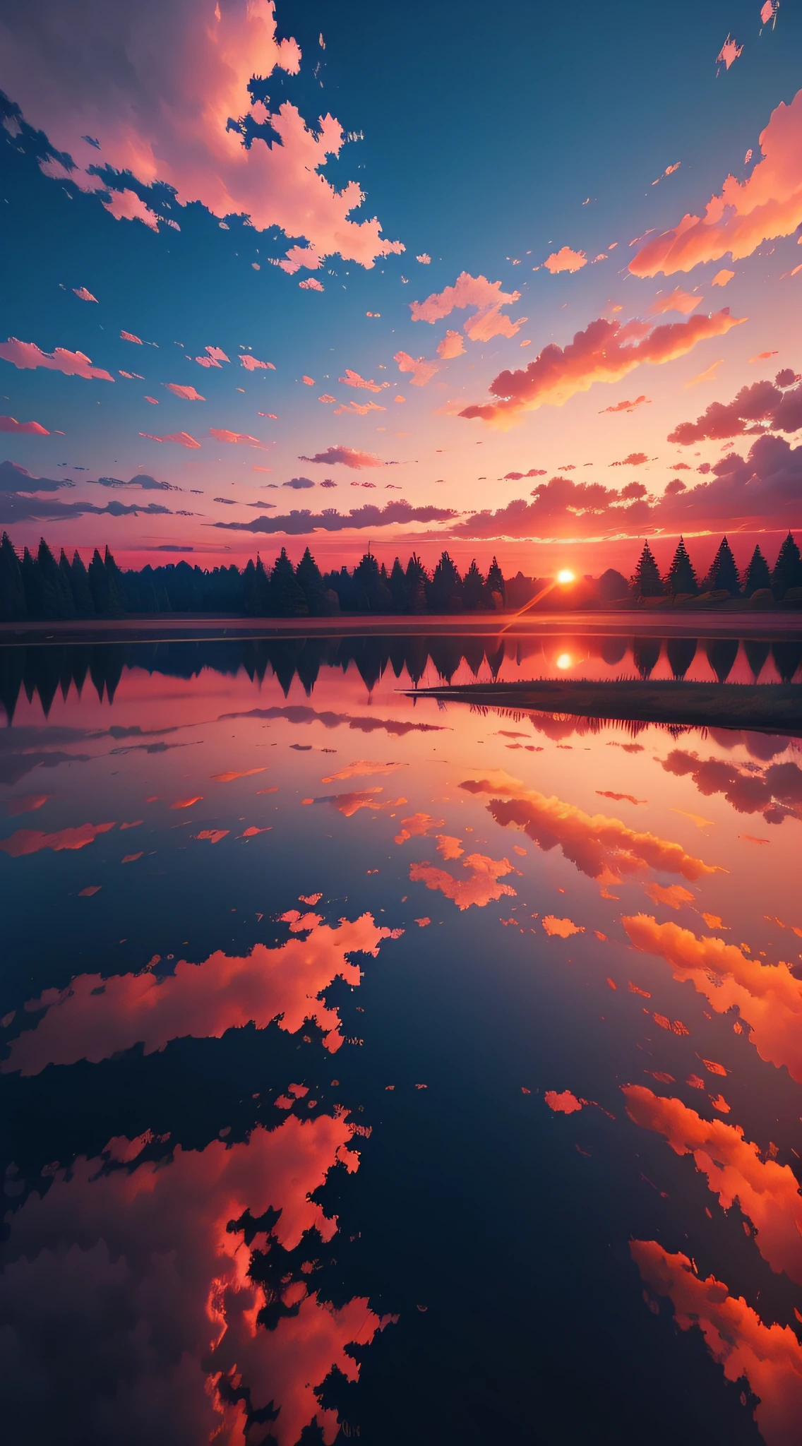 there is a beautiful sunset with a lake and trees in the background, colorful skies, surreal colors, colorful sunset, colorful sky, marvellous reflection of the sky, stunning sky, dream like atmosphere 8k, colorful clouds, colors reflecting on lake, surreal sky, red and blue reflections, fire reflection, beautiful sky, beautiful and spectacular dusk, beautiful dreamy landscape, amazing sky --auto --s2