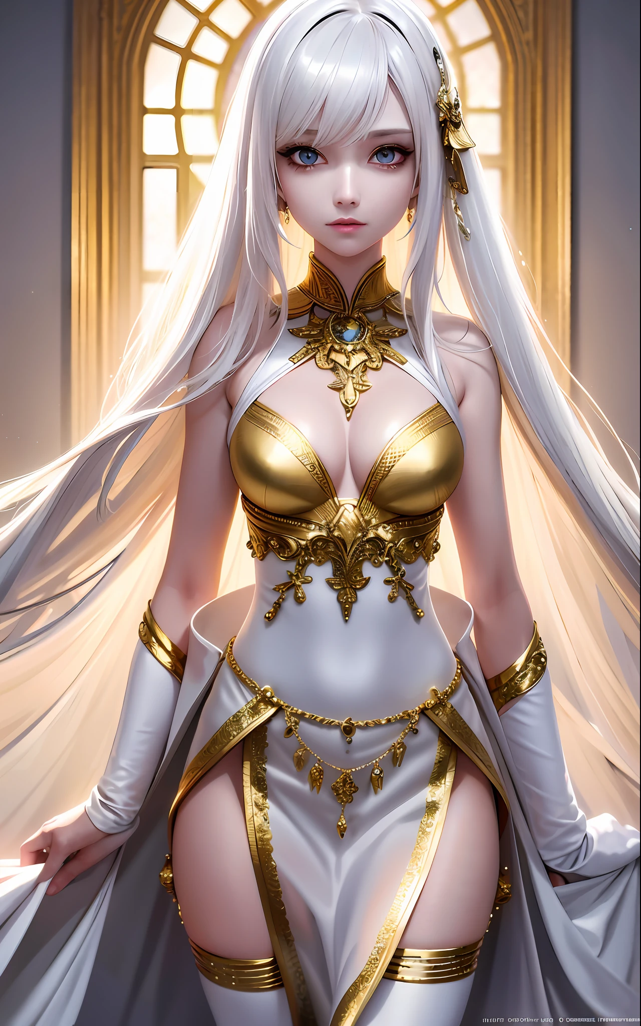 Excellent, masterpiece, high resolution, best quality, UHD, award-winning, 16k, upper body, a beautiful girl, white hair, (golden eyes), hanging eye corners, variety of white clothes, hair, fair skin, slender figure