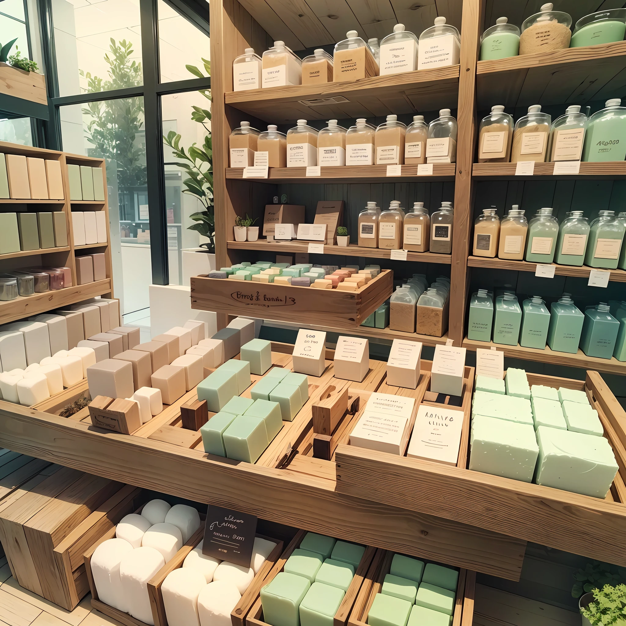 Certainly! Here's a description of a modern and spacious handmade soap shop:
The handmade soap shop is designed with a modern aesthetic, incorporating the calming colors of nature. The interior features wooden floors, which add warmth and a natural touch to the space. The lighting is provided by high-resolution LED lights, strategically placed to create a bright and inviting atmosphere.
Upon entering the shop, customers are greeted by a stylish reception area. The reception desk is made of natural wood, complementing the overall design theme. The walls are adorned with beautiful nature-inspired artwork, showcasing the essence of handmade soaps.
Towards the back of the shop, there is a designated workshop area. This area is well-equipped with a large worktable, where skilled artisans create their handmade soaps. Shelves are filled with various raw materials, such as essential oils, herbs, and botanical extracts, providing a glimpse into the soap-making process.
Adjacent to the workshop, there is a showcase area. It displays an array of beautifully crafted soaps, enticing customers with their vibrant colors, intricate patterns, and appealing scents. The showcase is thoughtfully arranged to showcase the different varieties and fragrance options available.
Throughout the shop, there are carefully placed plants and greenery, bringing a touch of nature indoors. The scent of essential oils lingers in the air, creating a refreshing and relaxing environment for customers to explore and enjoy.
This description provides a visual representation of a modern and spacious handmade soap shop. With these details in mind, you can work with a designer or use visualization tools to bring this concept to life. --auto --s2
