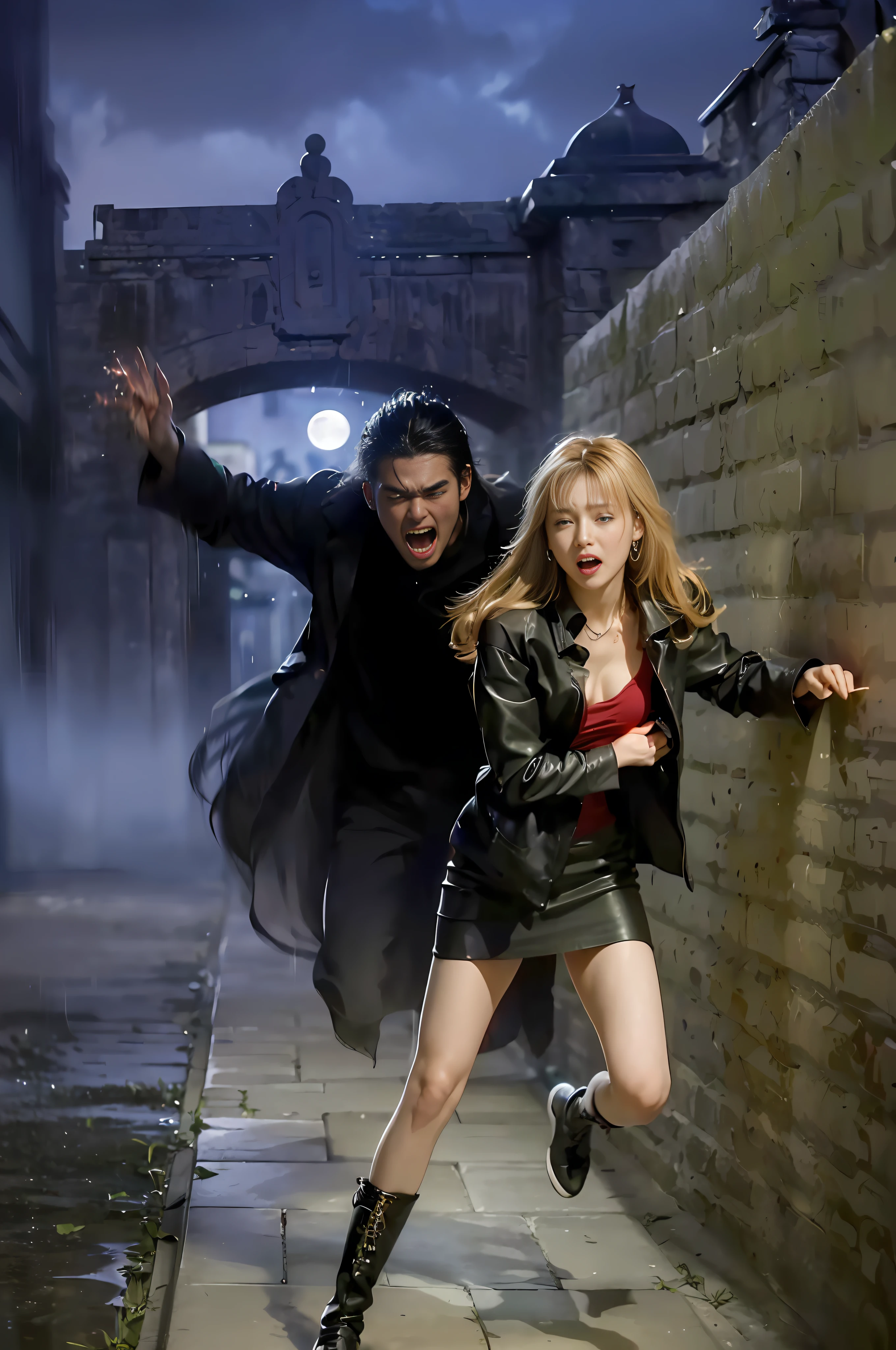 ((tears, distressed face, crying face, sharp long vampire fangs)),((, face hardened with fear)), (8K, highest quality, masterpiece: 1.2), (((red eyes)), (very desperate expression, depressed left eye, red eyes, very frightened), (realistic, photorealistic: 1.37), ultra-detailed, top quality, ultra high resolution, professional lighting, photon mapping, radiosity, Physically based rendering, movie lighting, pink off-shoulder, depth of field, focusing, moonlight, good composition, one girl, (full body), (beautiful Japan woman), beautiful eyes, pose, constriction, whitening skin, dark hair, empty hair, long hair fluttering in the wind,