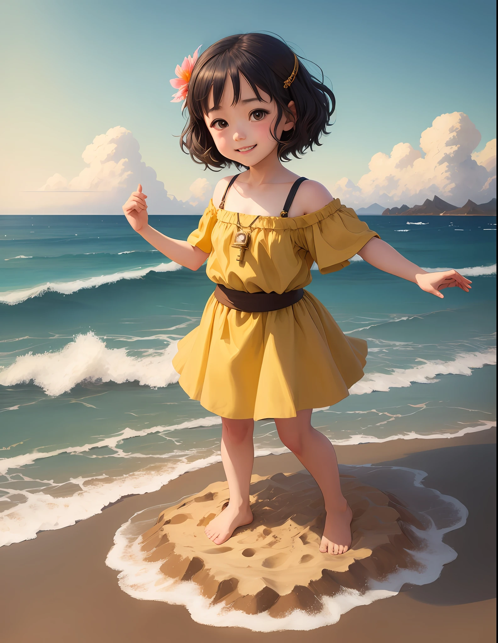 A happy little girl piling sand on the beach, simple art inspired by Studio Ghibli's visual style, Baroque oil painting, anime, key visual full body portrait, character concept art, Fauvist dark fantasy, Kudre aristocratic dictator, popular pixiv fan box, rule of thirds, golden ratio