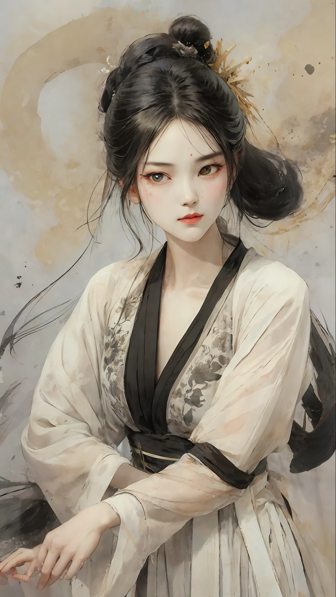 A bust of a woman with black hair and black eyes, a woman, a serious expression, attack action, bowed head, Hanfu, white clothes, cold eyes, loose hair, (ink smudge) beautiful character painting, clothing black and white ink style, face delicate color, watercolor, light color, martial arts style, national style, delicate and beautiful face, waist seal, sharp eyes