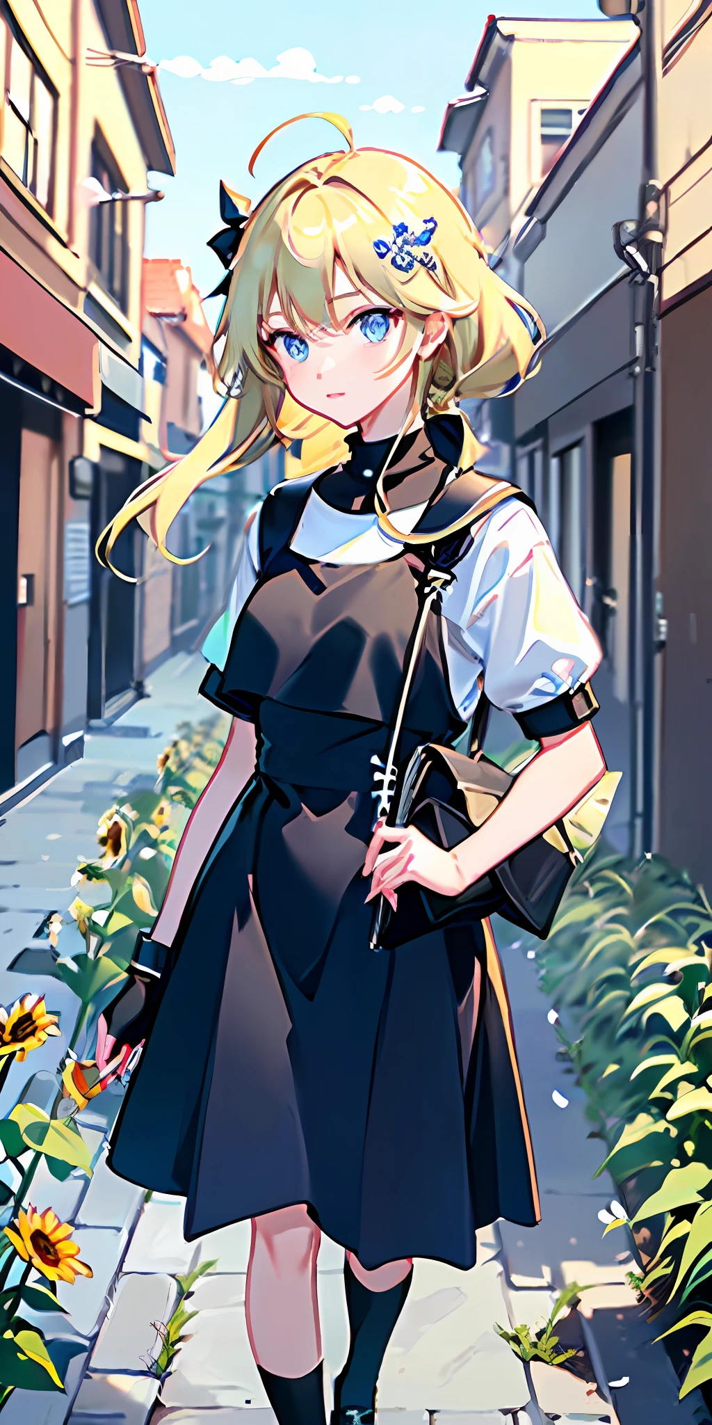 (8K, highest quality, masterpiece, perfect) girl, one hand raised to cover the sun, (expression tsundere: 1.5, soft blonde, delicate facial features: 1.5, blue eyes) Wearing (violin accompaniment: 1.5, sailor suit: 1.5, short top, black leather shoes: 1.2, black socks: 1.1), (long legs: 1.2, exposed ankle: 1.2), (medium full body, facing the camera: 1.1, white clothes and black dress), standing on (outdoor medieval streets, weeds, brick roads). Bright white background, (city afternoon, sunflowers, weeds)