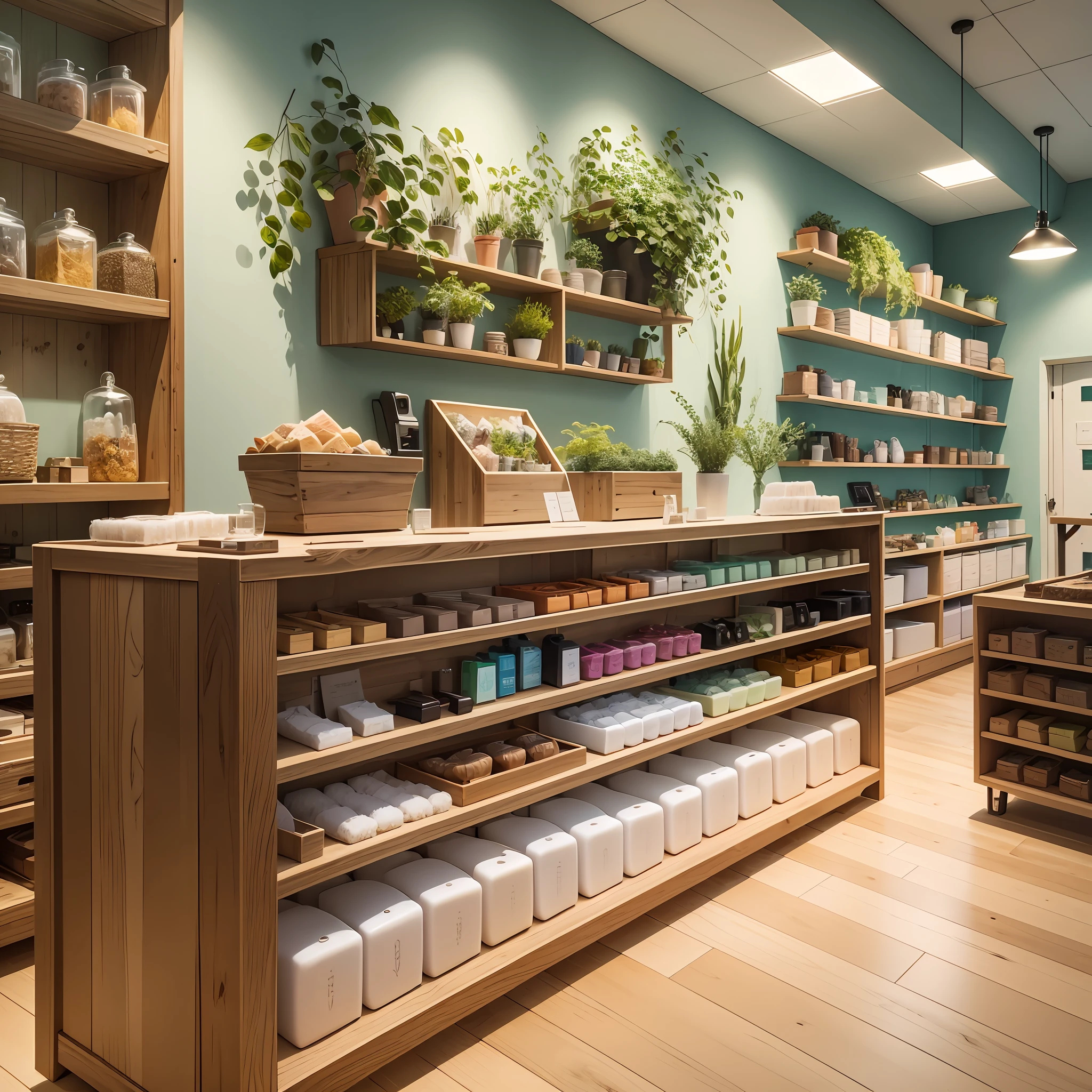 Certainly! Here's a description of a modern and spacious handmade soap shop:
The handmade soap shop is designed with a modern aesthetic, incorporating the calming colors of nature. The interior features wooden floors, which add warmth and a natural touch to the space. The lighting is provided by high-resolution LED lights, strategically placed to create a bright and inviting atmosphere.
Upon entering the shop, customers are greeted by a stylish reception area. The reception desk is made of natural wood, complementing the overall design theme. The walls are adorned with beautiful nature-inspired artwork, showcasing the essence of handmade soaps.
Towards the back of the shop, there is a designated workshop area. This area is well-equipped with a large worktable, where skilled artisans create their handmade soaps. Shelves are filled with various raw materials, such as essential oils, herbs, and botanical extracts, providing a glimpse into the soap-making process.
Adjacent to the workshop, there is a showcase area. It displays an array of beautifully crafted soaps, enticing customers with their vibrant colors, intricate patterns, and appealing scents. The showcase is thoughtfully arranged to showcase the different varieties and fragrance options available.
Throughout the shop, there are carefully placed plants and greenery, bringing a touch of nature indoors. The scent of essential oils lingers in the air, creating a refreshing and relaxing environment for customers to explore and enjoy.
This description provides a visual representation of a modern and spacious handmade soap shop. With these details in mind, you can work with a designer or use visualization tools to bring this concept to life. --auto --s2