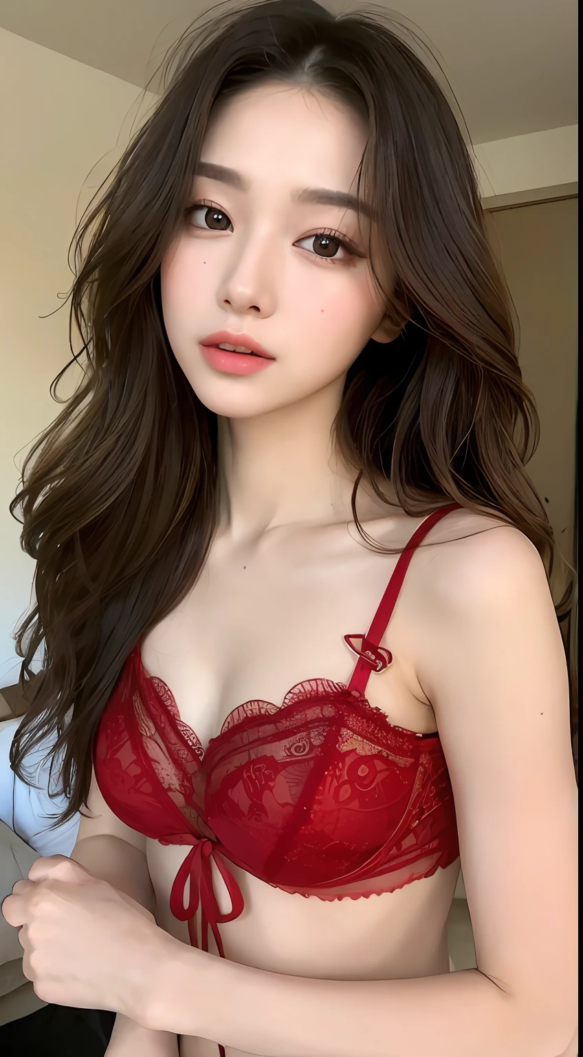 ((Top Quality, 16k, Masterpiece: 1.3)), Sharp Focus: 1.2, Beautiful Women with Perfect Figure: 1.4, Slender Abs: 1.2, (((Long Wavy Hair)), ((Small: 1.4)), (Kpop Idol: 1.3)), ((Red Babydoll Lingerie 1.5)), (Japanese-style Room), Highly Detailed Face and Skin Texture, Detailed Eyes, Double Eyelids, ((Pause)), ( Captivating))