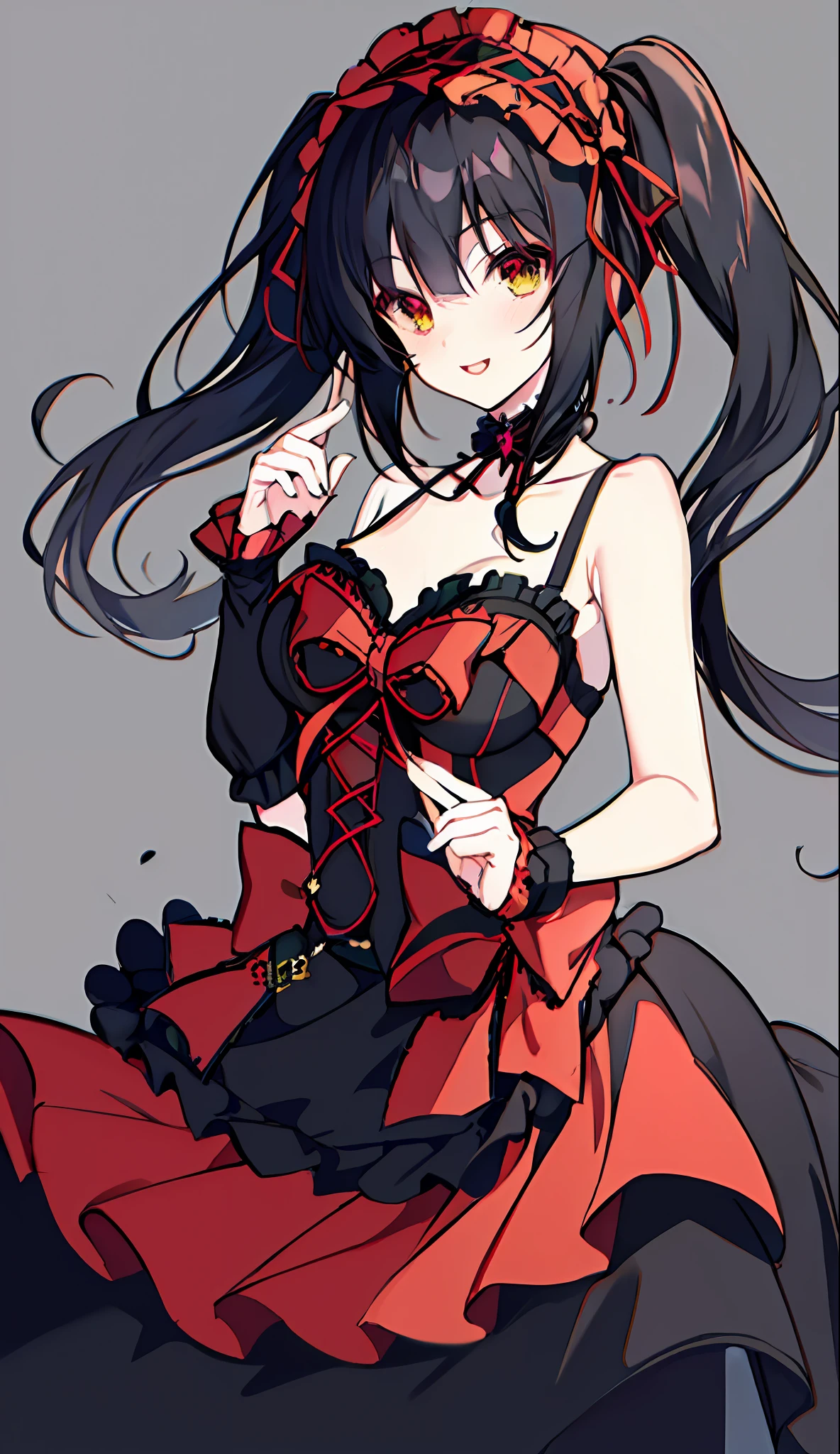 18 years old beautiful girl, masterpiece, top quality, 8K anime, 1 girl, solo, detailed fingers, precise fingers, not unnatural hands, odd eye, black hair twintails, kurumi tokizaki, large breasts,