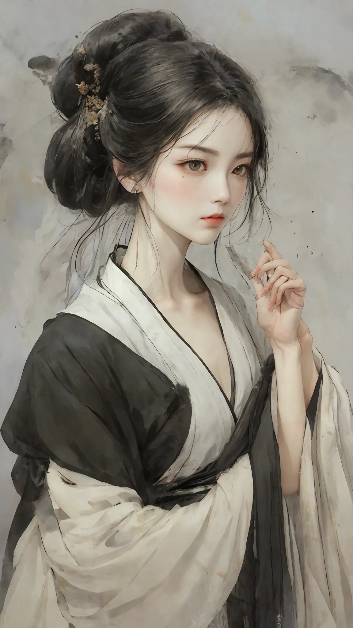 A bust of a woman with black hair and black eyes, a woman, a serious expression, bowed head, Hanfu, white clothes, cold eyes, loose hair, (ink smudging) beautiful character painting, clothing black and white ink style, face delicate color, watercolor, light color, martial arts style, national style, delicate and beautiful face, waist seal, sharp eyes