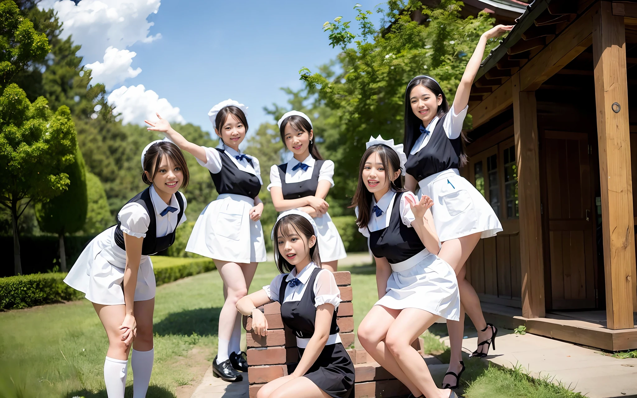 Close-up of a group of girls posing for a photo, maid outfit