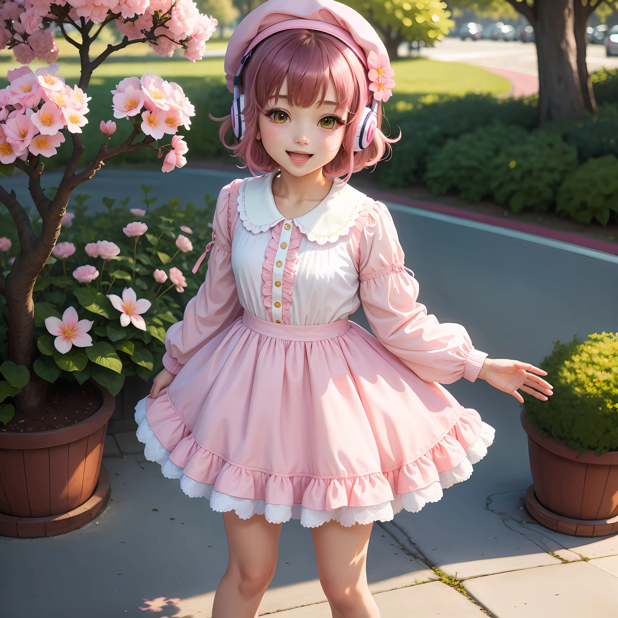 (Masterpiece), (Best Quality), (Ultra Detailed), (Full Body: 1.2), (1 Girl: 1.2), Chibi, Cute, Smile, Open Mouth, Flower, Outdoor, Music, Berets, Guitar in Hand, Jacket, Blush, Tree, :3, Shirt, Short Hair, Cherry Blossoms, Green Headgear, Blurred, Pink Hair, Blush Sticker, Long Sleeves, Bangs, Headphones, Brunette Hair, Pink Flower, (Beautiful Delicate Face), (Beautiful Detail Eyes)