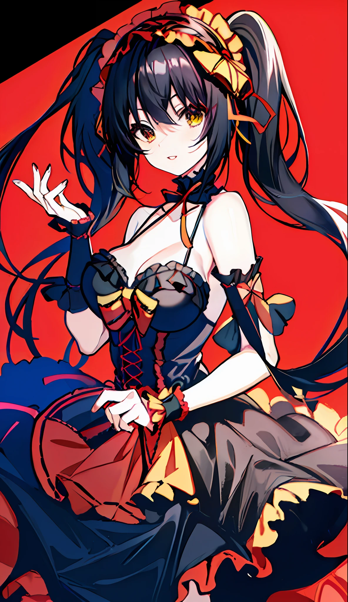 18 years old beautiful girl, masterpiece, top quality, 8K anime, 1 girl, solo, detailed fingers, precise fingers, not unnatural hands, odd eye, black hair twintails, kurumi tokizaki, large breasts,