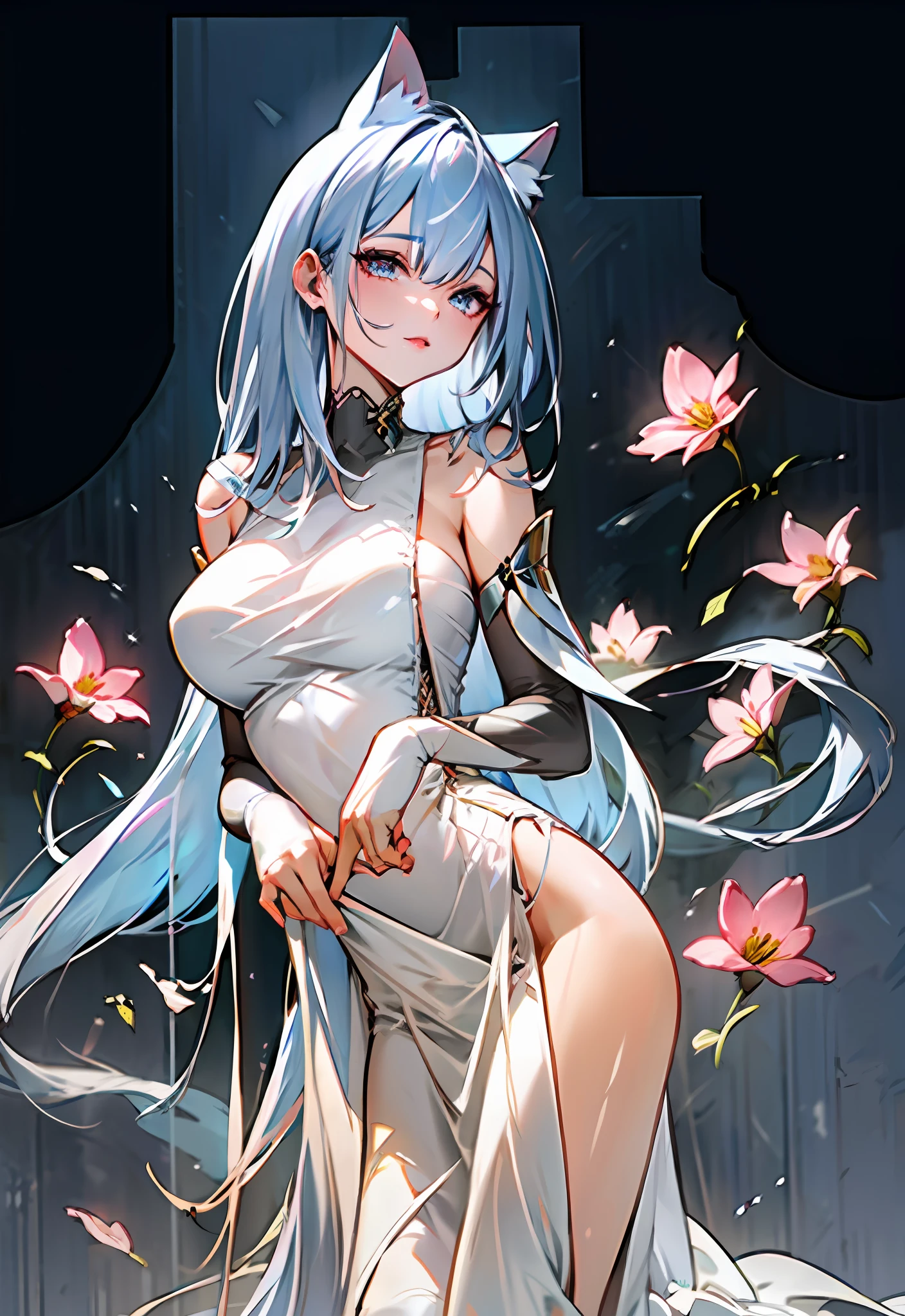 best quality, masterpiece, highly detailed, 1girl, solo, Transparent white skin, mature woman, sister, close to viewer, White hair, silver hair, bare shoulder, Shoulderless Dresses, wedding dress, white dress, white lace dress, white lace long skirt, elbow gloves, cat ears, rational, bangs, very long hair, light smile, streaked hair, beautiful silver long hair girl, blue eyes, light pink lips, large breasts, delicate face, delicate hands, calm, flower background, petal dancing