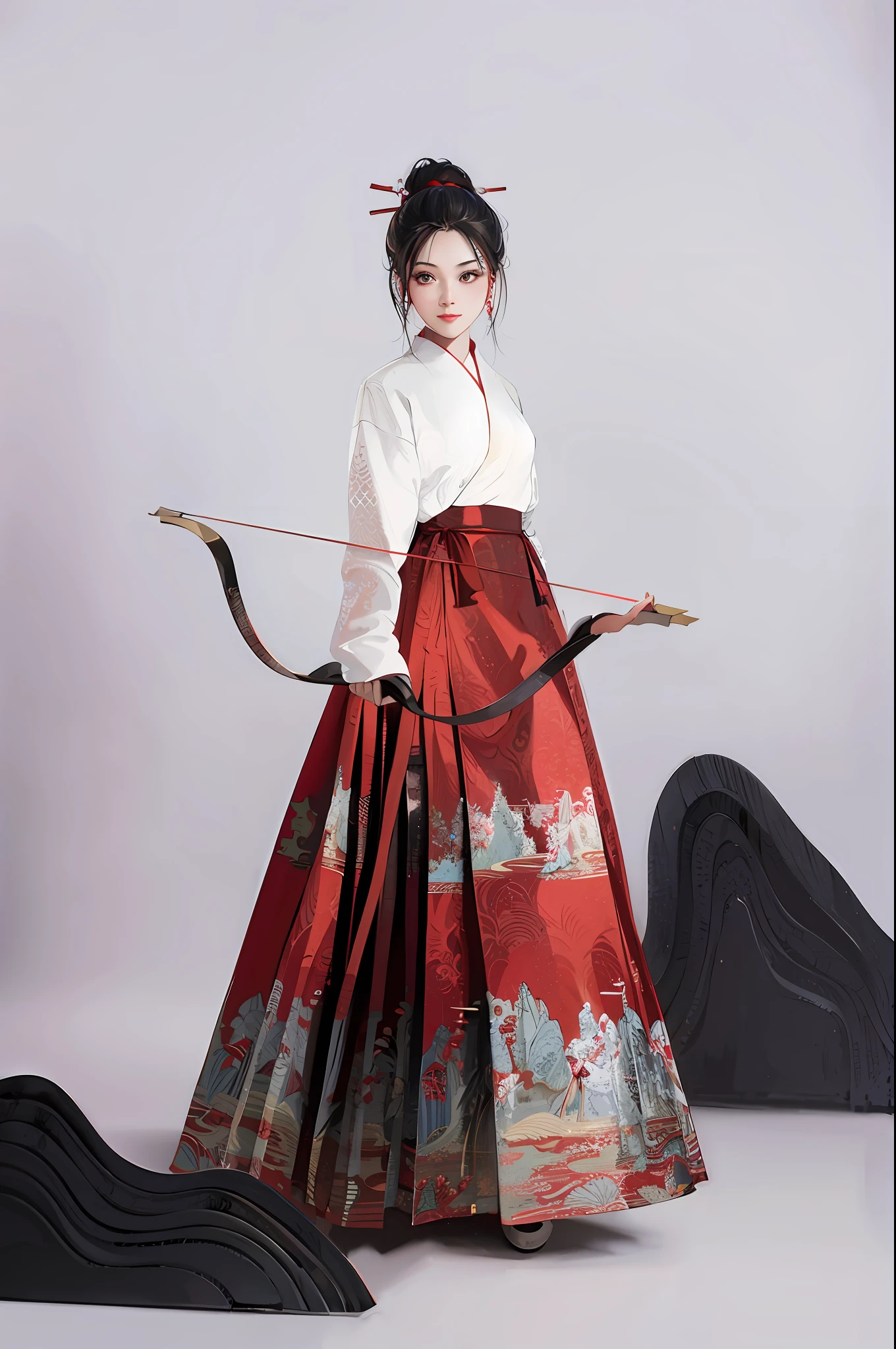 Woman holding bow and arrow in red and white dress, Hanfu, traditional Chinese costume, wearing ancient Chinese costume, with ancient Hanfu, white Hanfu, ancient Chinese art style, black and red silk clothing, traditional clothing, traditional clothing, traditional costume, traditional, Chinese costume, gray and white background