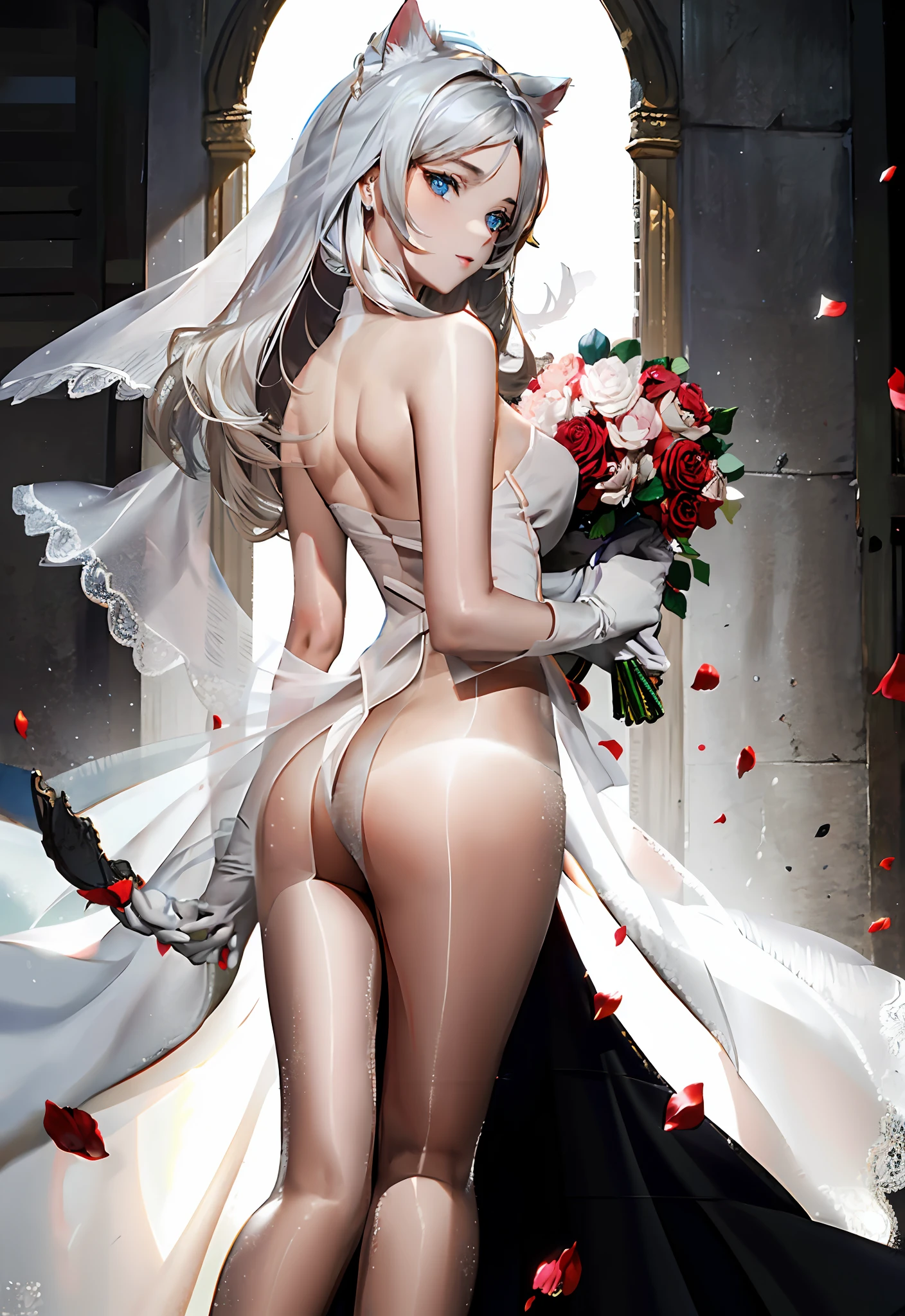 best quality, masterpiece, highly detailed, 1girl, solo, Transparent white skin, mature woman, sister, close to viewer, White hair, silver hair, bare shoulder, Shoulderless Dresses, wedding dress, white dress, white lace dress, white lace long skirt, elbow gloves, cat ears, rational, bangs, very long hair, light smile, streaked hair, beautiful silver long hair girl, blue eyes, light pink lips, large breasts, delicate face, delicate hands, calm, flower background, petal dancing