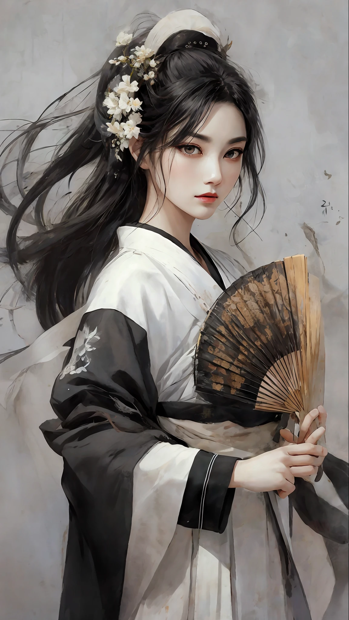 A bust of a woman with black hair and black eyes, a woman, holding a fan, serious expression, attack action, bowed head, Hanfu, white clothes, cold eyes, loose hair, (ink smudge) beautiful character painting, clothing black and white ink style, face delicate color, watercolor, pastel color, martial arts style, national style, delicate and beautiful face, waist seal, sharp eyes