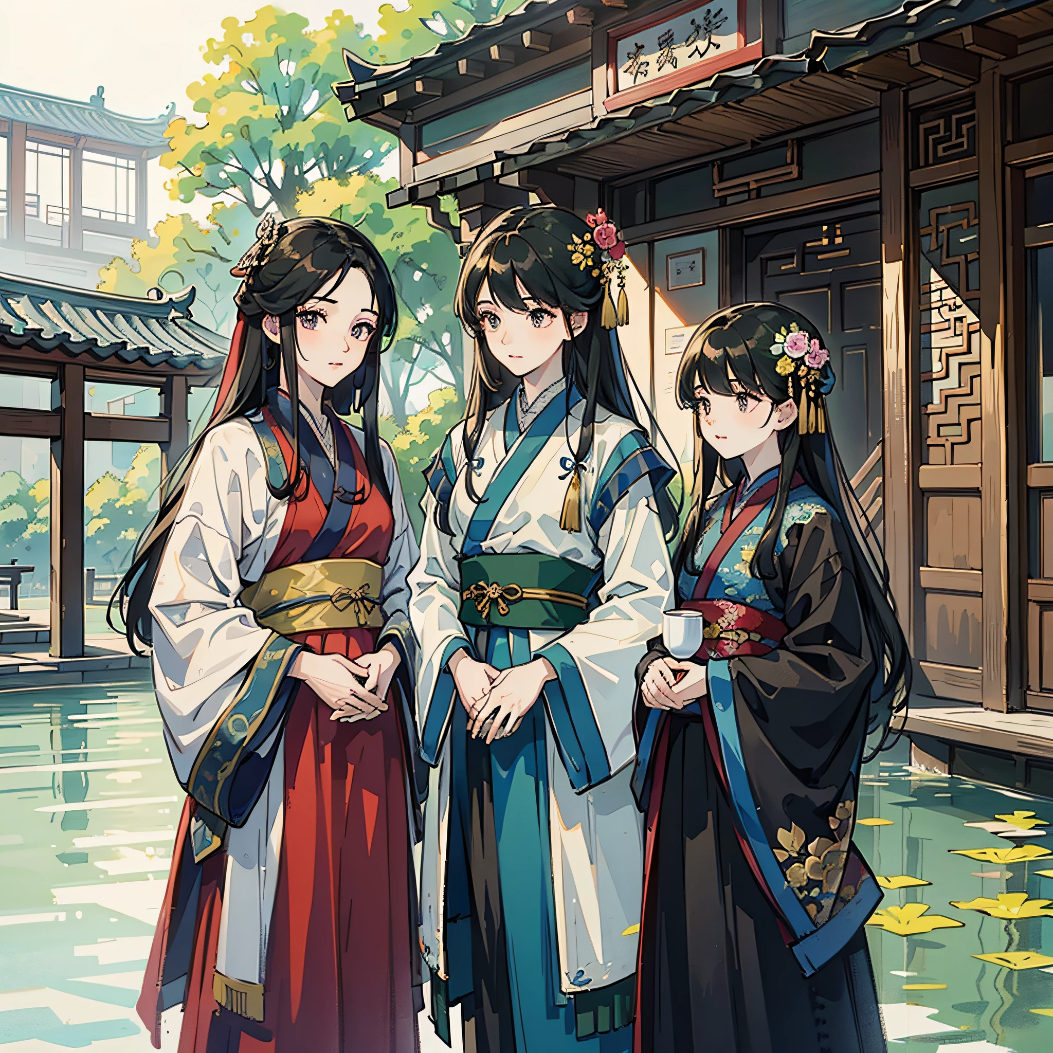 Masterpiece, Excellent, Best Picture Quality, Outdoor, Lakeside, Daytime, A Group of People, Middle-aged, Antique, Ancient China, Long Hair, Hanfu, Dark Clothes, Random Colors, Delicate Facial Details --auto --s2