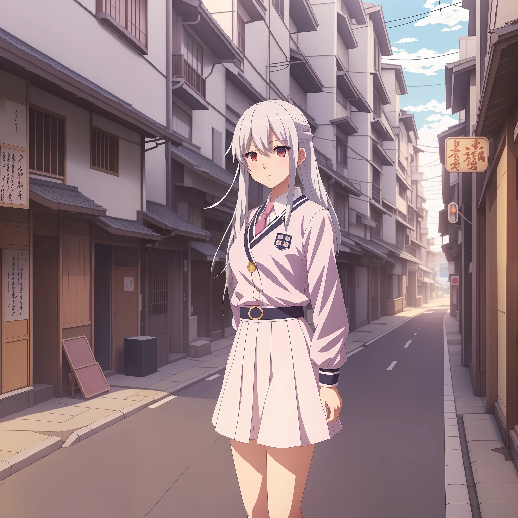 (masterpiece), the best quality 4K anime graphics, Japanese girl wearing a Japanese high school uniform, white hair, long hair, pink eyes, in a beautiful street, reproducing Makoto Shinkai's visual aesthetics, showing depth and artistic sense. --auto --s2