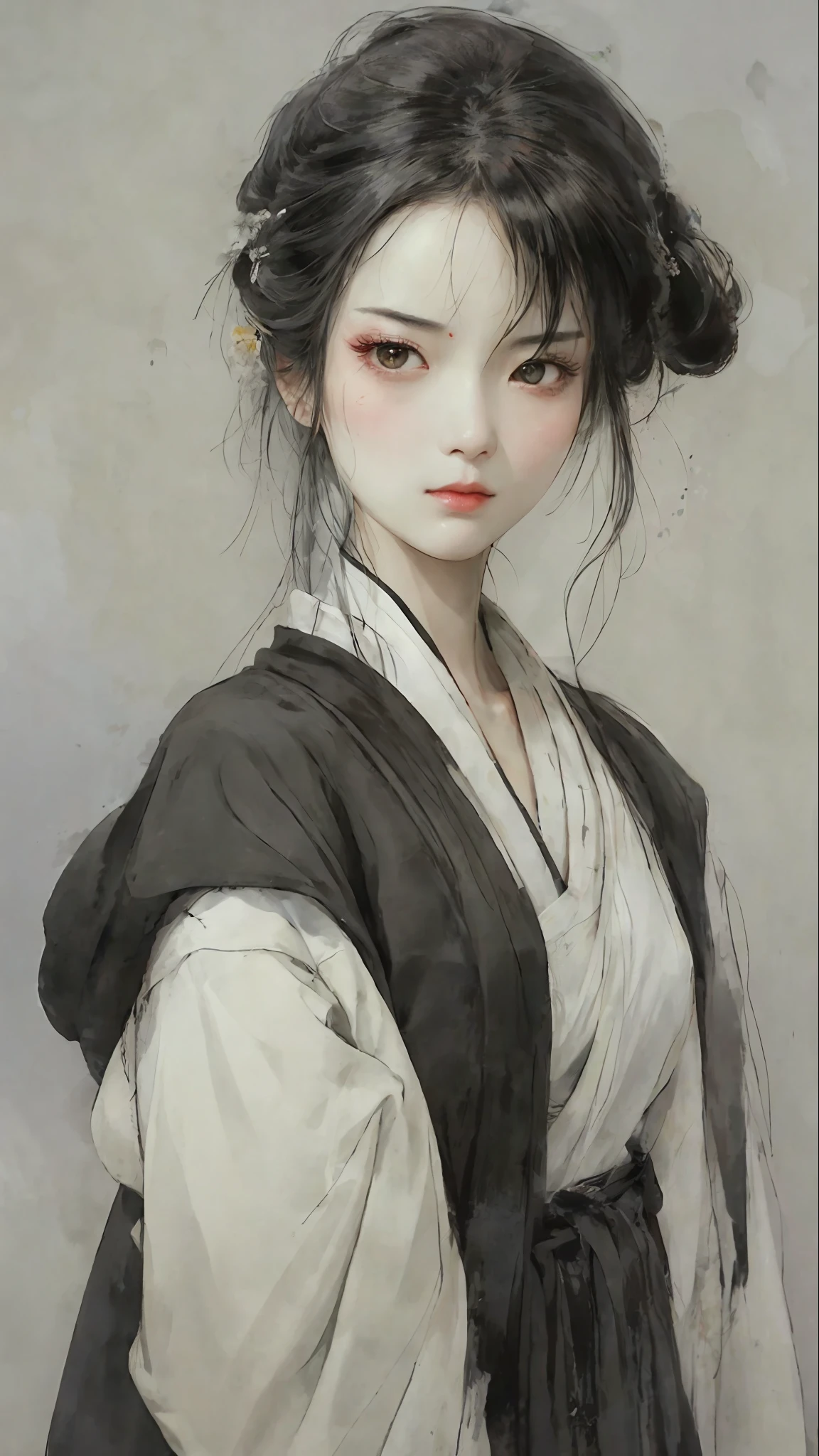 A bust of a woman with black hair and black eyes, a woman, a serious expression, bowed head, Hanfu, white clothes, cold eyes, loose hair, (ink smudging) beautiful character painting, clothing black and white ink style, face delicate color, watercolor, light color, martial arts style, national style, delicate and beautiful face, waist seal, sharp eyes