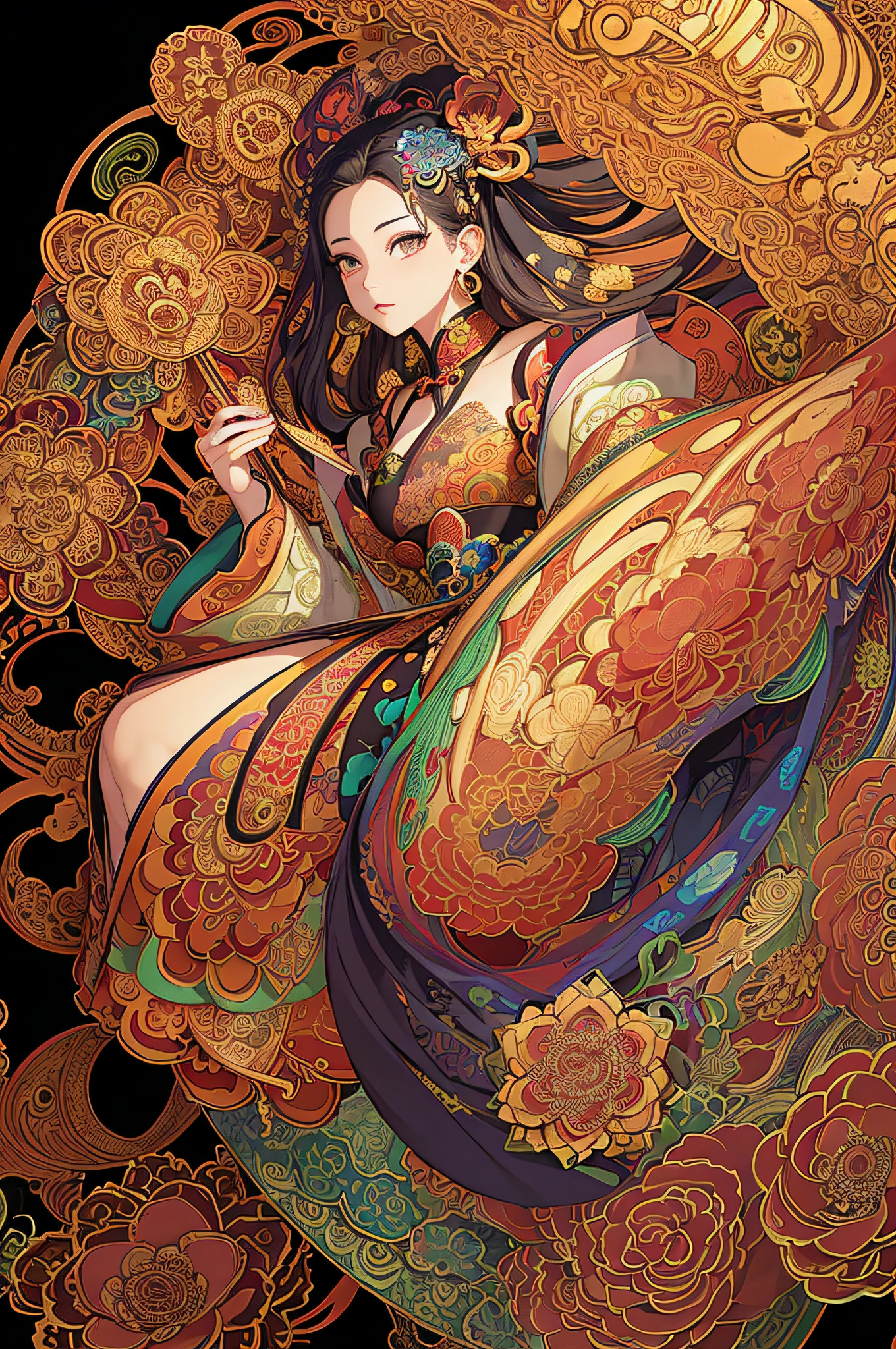 (masterpiece, top quality, best quality, official art, beautiful and aesthetic:1.2), (1girl:1.3), extremely detailed,(fractal art:1.1),(colorful:1.1)(flowers:1.3),highest detailed,(zentangle:1.2), (dynamic pose), (abstract background:1.3), (chinese Traditional cloth:1.2), (shiny skin), (many colors:1.4), ,(earrings:1.4),