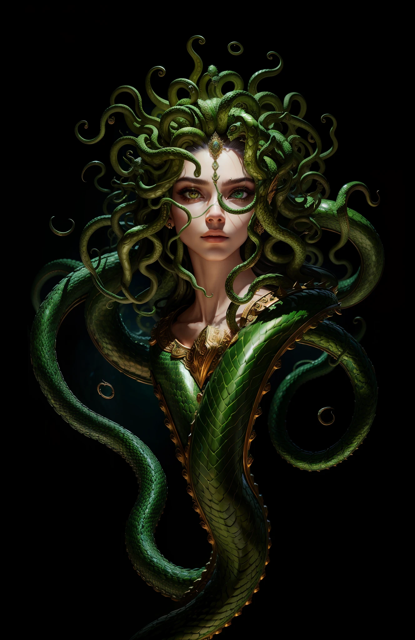 ((best quality)), ((masterpiece)), ((realistic)), Medusa, full body, the hair is composed of countless small snakes, green eyes, female face, metal carved top, royal aura, trend on artstation , sharp focus, studio photo, intricate detail, very detailed, detailed eye, illustration, very detailed, sharp focus, digital render, professional, 4k