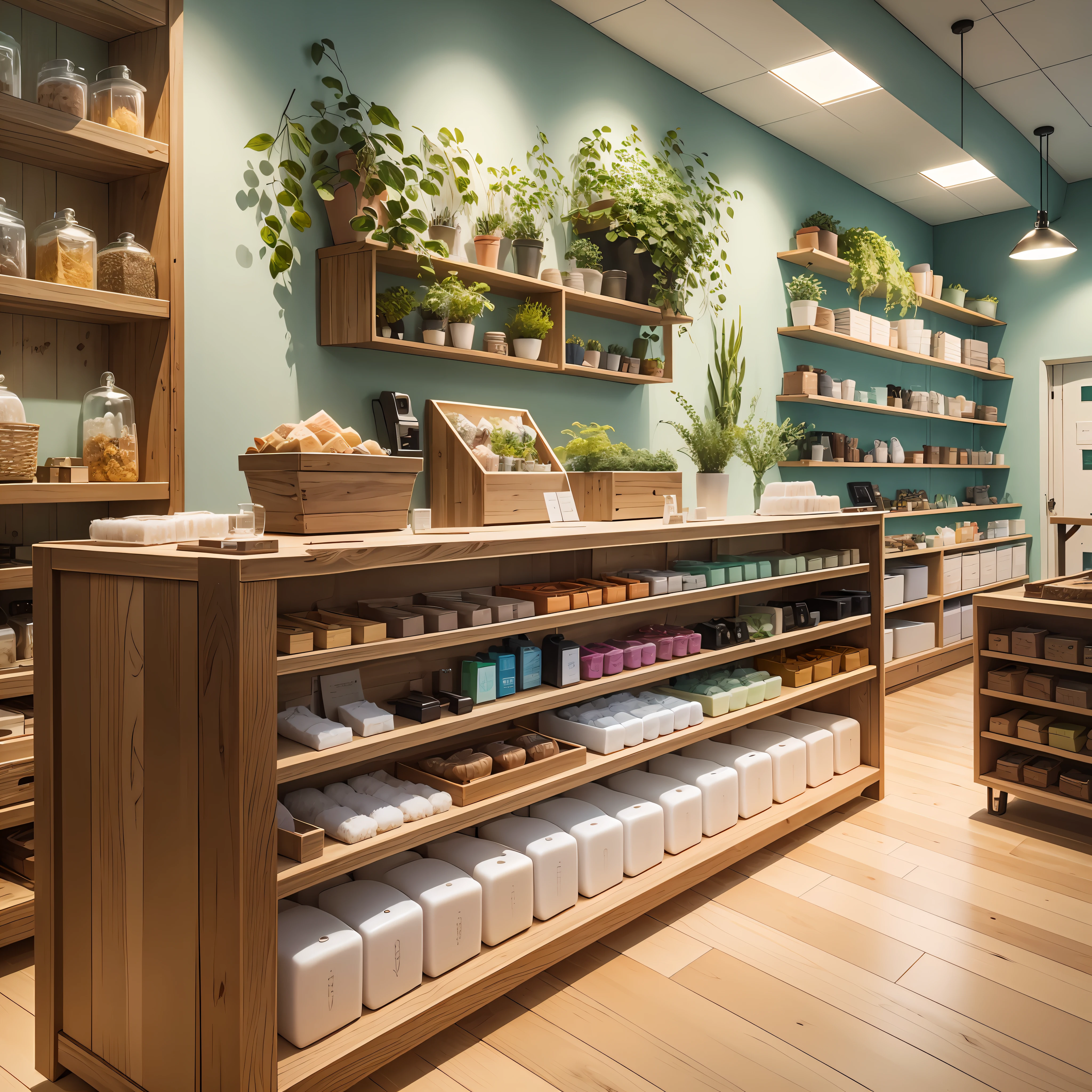 Certainly! Here's a description of a modern and spacious handmade soap shop:
The handmade soap shop is designed with a modern aesthetic, incorporating the calming colors of nature. The interior features wooden floors, which add warmth and a natural touch to the space. The lighting is provided by high-resolution LED lights, strategically placed to create a bright and inviting atmosphere.
Upon entering the shop, customers are greeted by a stylish reception area. The reception desk is made of natural wood, complementing the overall design theme. The walls are adorned with beautiful nature-inspired artwork, showcasing the essence of handmade soaps.
Towards the back of the shop, there is a designated workshop area. This area is well-equipped with a large worktable, where skilled artisans create their handmade soaps. Shelves are filled with various raw materials, such as essential oils, herbs, and botanical extracts, providing a glimpse into the soap-making process.
Adjacent to the workshop, there is a showcase area. It displays an array of beautifully crafted soaps, enticing customers with their vibrant colors, intricate patterns, and appealing scents. The showcase is thoughtfully arranged to showcase the different varieties and fragrance options available.
Throughout the shop, there are carefully placed plants and greenery, bringing a touch of nature indoors. The scent of essential oils lingers in the air, creating a refreshing and relaxing environment for customers to explore and enjoy.
This description provides a visual representation of a modern and spacious handmade soap shop. With these details in mind, you can work with a designer or use visualization tools to bring this concept to life. --auto --s2