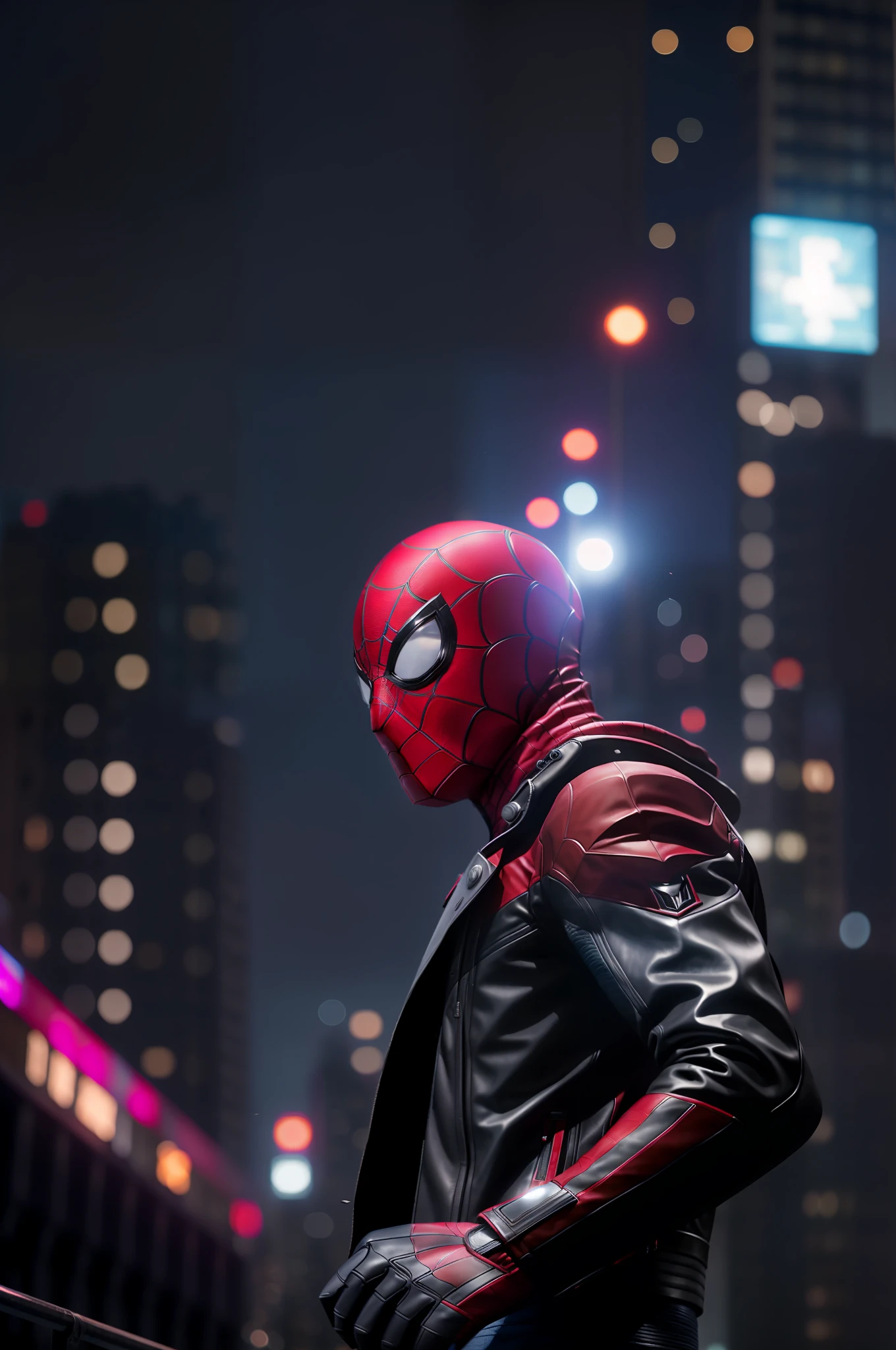 spider - man in a leather jacket and gloves standing in front of a city, movie still 8 k, futuristic style spiderman, shot on sony a 7 iii, marvel movie still, portrait of spiderman, spiderman as terminator, still from marvel movie, closeup portrait shot, taken with canon eos 5 d mark iv, medium close - up ( mcu )