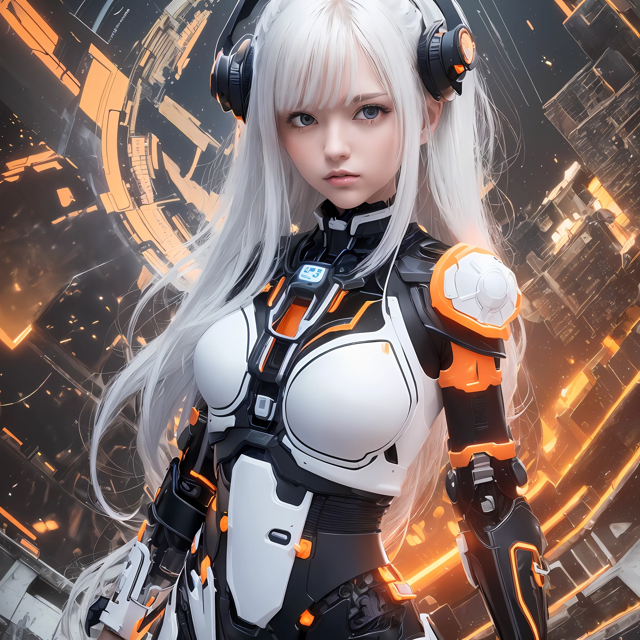**(masterpiece), (best quality), (ultra-detailed), (masterpiece), (best quality), (ultra-detailed), 1girl, medium breasts, Chest reactor with orange glow, mech suit that fits body shape, pitch white hair, long hair, fluorescent hot orange eyes, (orange, black, white gradient:1.2), mechanical wings, lora:more\_details:1.5**