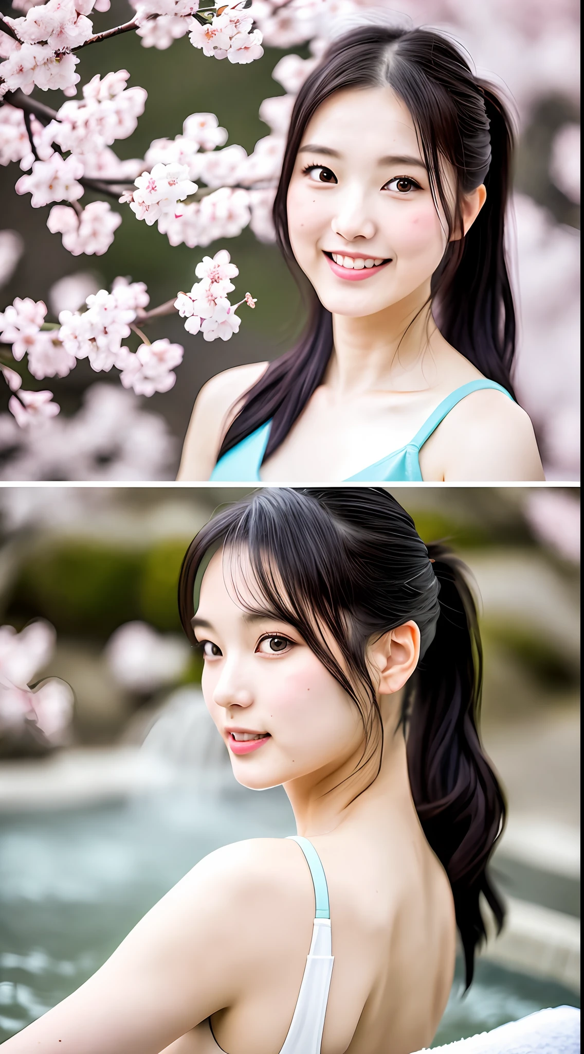 Realistic photos of (1 cute star) shoulder length hair, ponytail, thin makeup, (small breasts), (open-air bath), hot spring, mountain inn, fresh green, naked, fair-skinned, bath towel, steam, clear facial features, 8K high resolution, sharp and realistic details, full body, f/4.0, 135mm, fujifilm, jpeg artifact, dithering, UHD, masterpiece, wind, cherry blossom, blur,