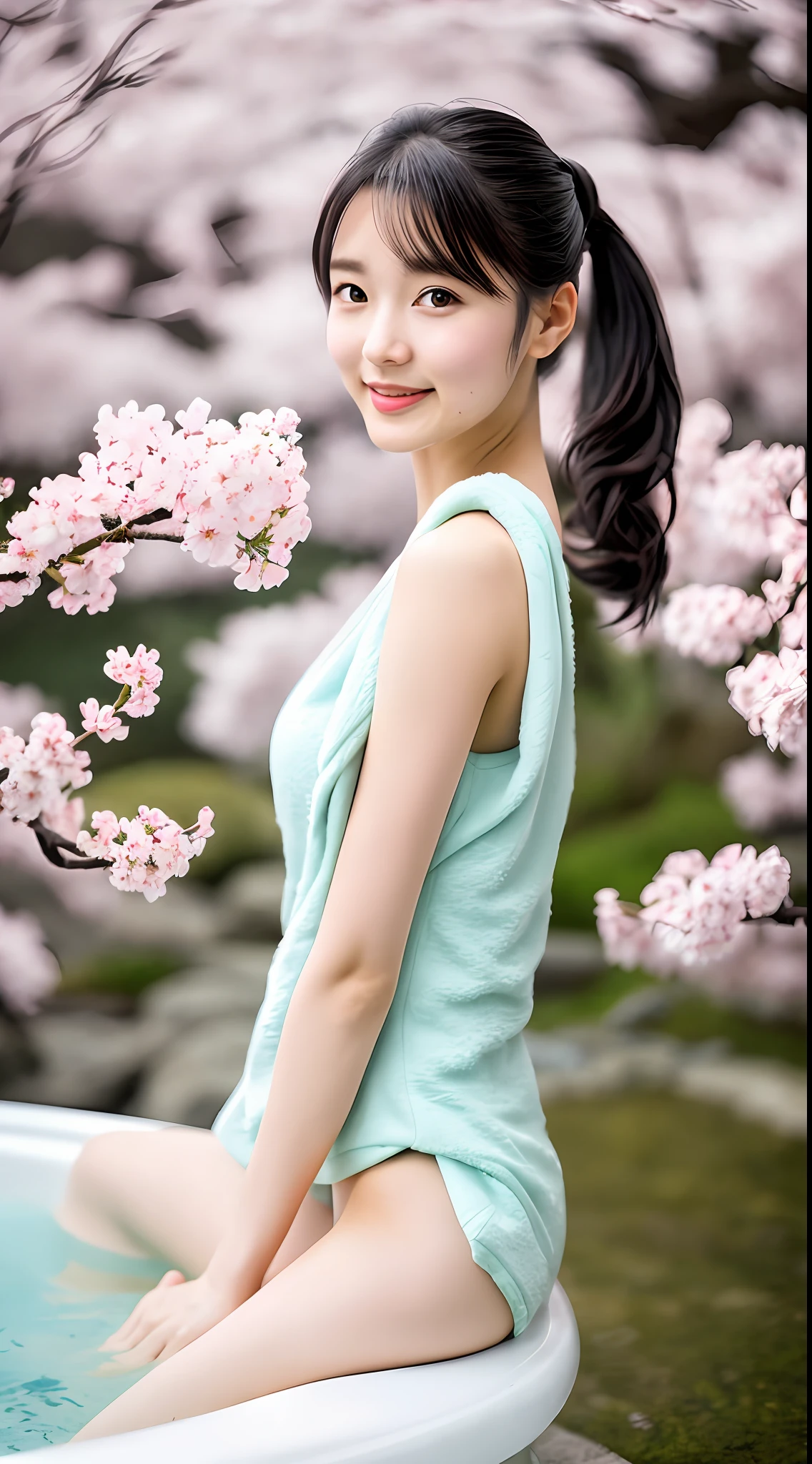 Realistic photos of (1 cute star) shoulder length hair, ponytail, thin makeup, (small breasts), (open-air bath), hot spring, mountain inn, fresh green, naked, fair-skinned, bath towel, steam, clear facial features, 8K high resolution, sharp and realistic details, full body, f/4.0, 135mm, fujifilm, jpeg artifact, dithering, UHD, masterpiece, wind, cherry blossom, blur,