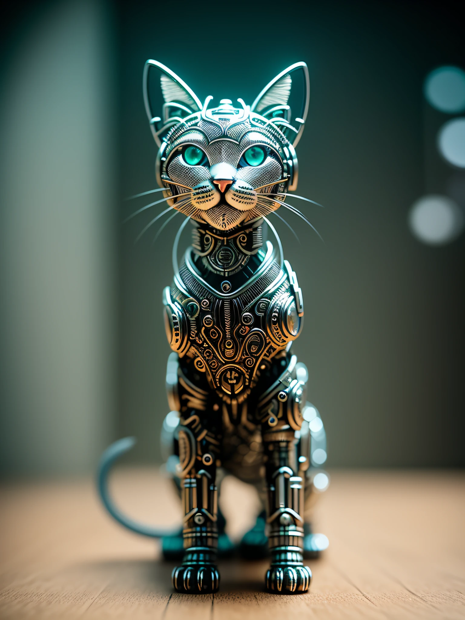 A cute kitten made of metal, (cyborg:1.1), ([tail|detailed wire]:1.3), (intricate detail), hdr, (intricate detail, hyperdetailed:1.2), cine footage, halo shadow, centered