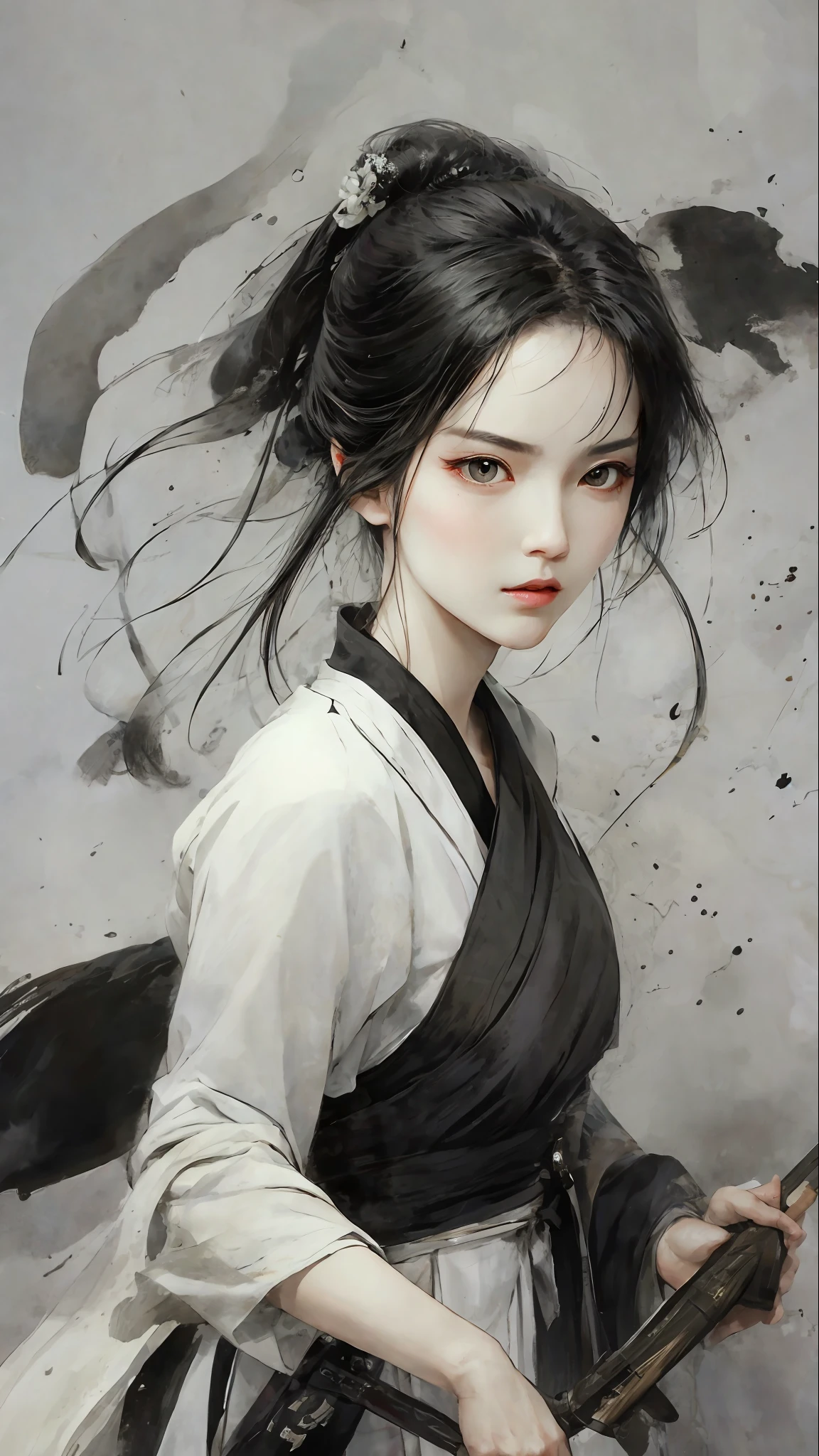 A bust of a woman with black hair and black eyes, a woman, a serious expression, holding a weapon, attack action, dynamic composition, bowed head, Hanfu, white clothes, cold eyes, loose hair, (ink smudge) beautiful character painting, clothing black and white ink style, face delicate color, watercolor, light color, martial arts style, national style, delicate and beautiful face, waist seal, sharp eyes