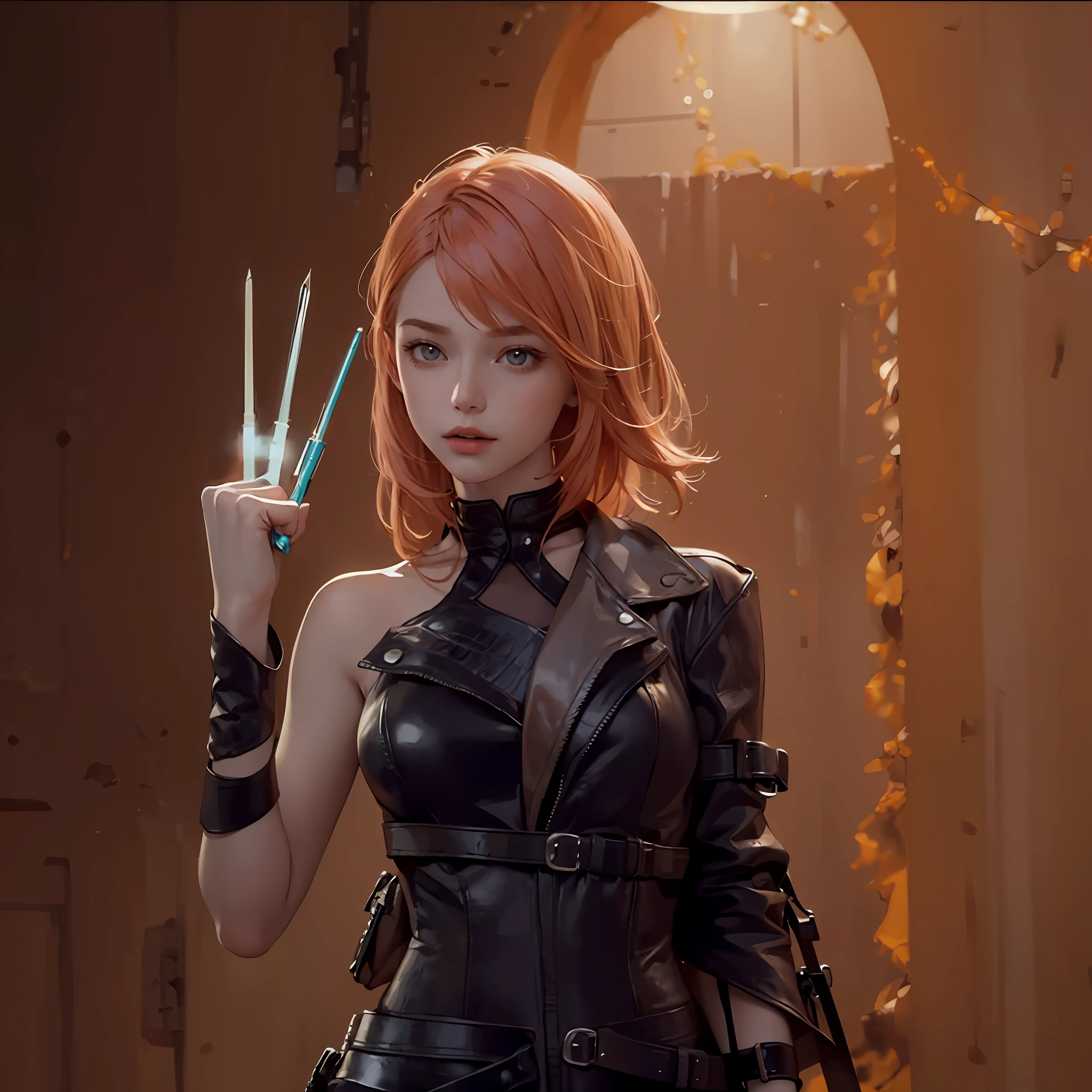 ((masterpiece,best quality,highest quality,illustration)),1 girl,peach hair, needles hand, leather suit