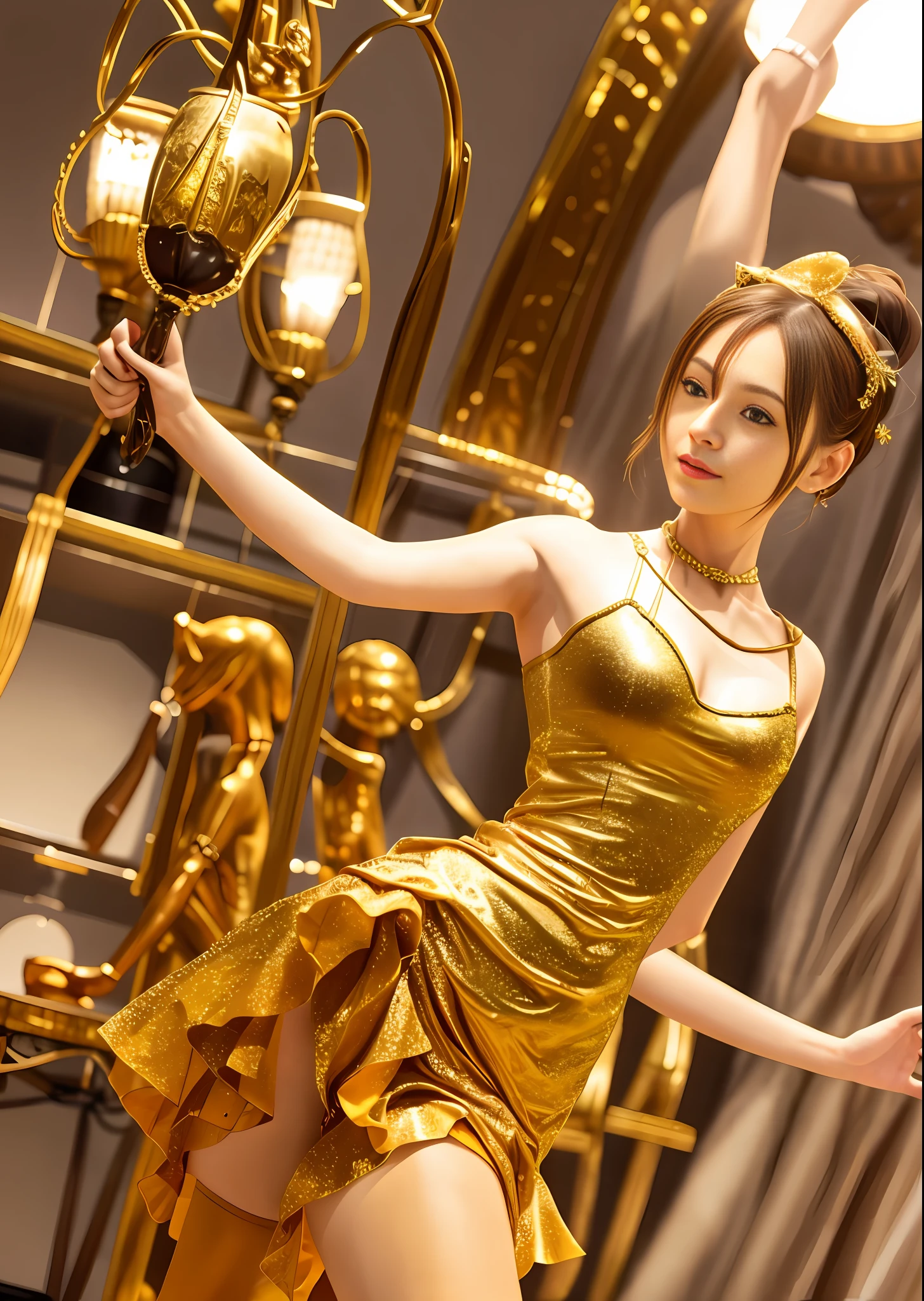 maid outfit, back visible, live-action, golden, goddess, open arms