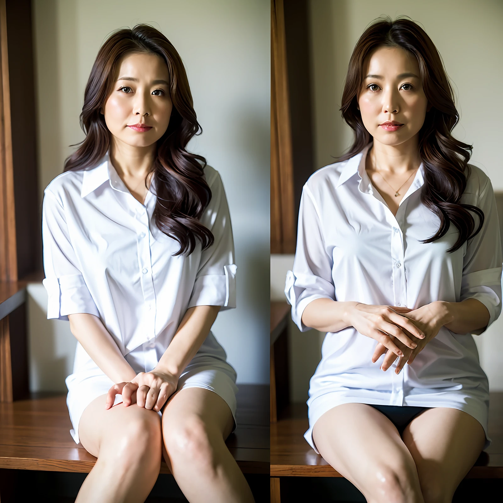 ((Best Quality, 8K, Masterpiece: 1.3)), Photorealistic, Sharp Focus, High Quality, High Definition, Portrait, Solo, Japan, Middle Aged Woman, Beauty, 45 Years Old, Plump, Wavy Hair, Shirt, Miniskirt, Wrinkles at the corners of the eyes, Sitting, Panty Shot, Living