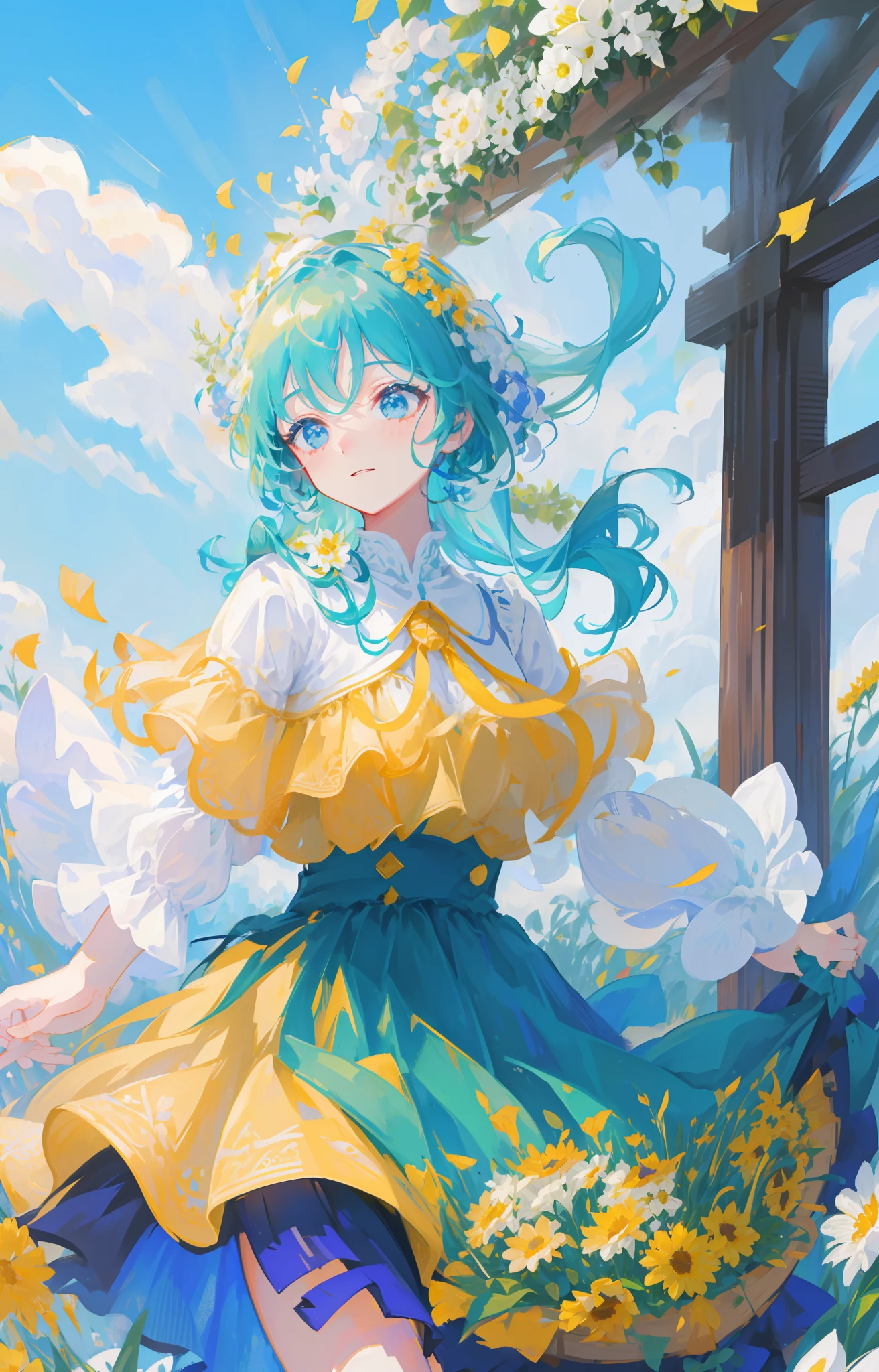 A girl holding flowers, colorful balloons floating in the sky, meadow, dancing, holding flowers, happy, happy, perfect quality, clear focus (clutter-home: 0.8), (masterpiece: 1.2) (Realistic: 1.2) (Bokeh) (Best quality) (Detailed skin: 1.3) (Intricate details) (8K) (Detail Eyes) (Sharp Focus), (Happy)