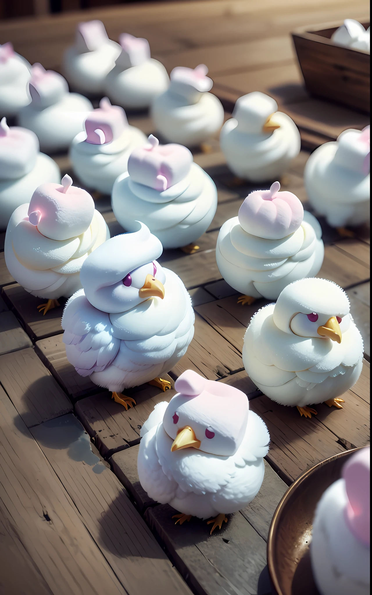 Chicks lined up, ((surrounded by flocks of marshmallows): 1.6) pastel colors, fluffy, soft foam, whipped cream --auto --s2