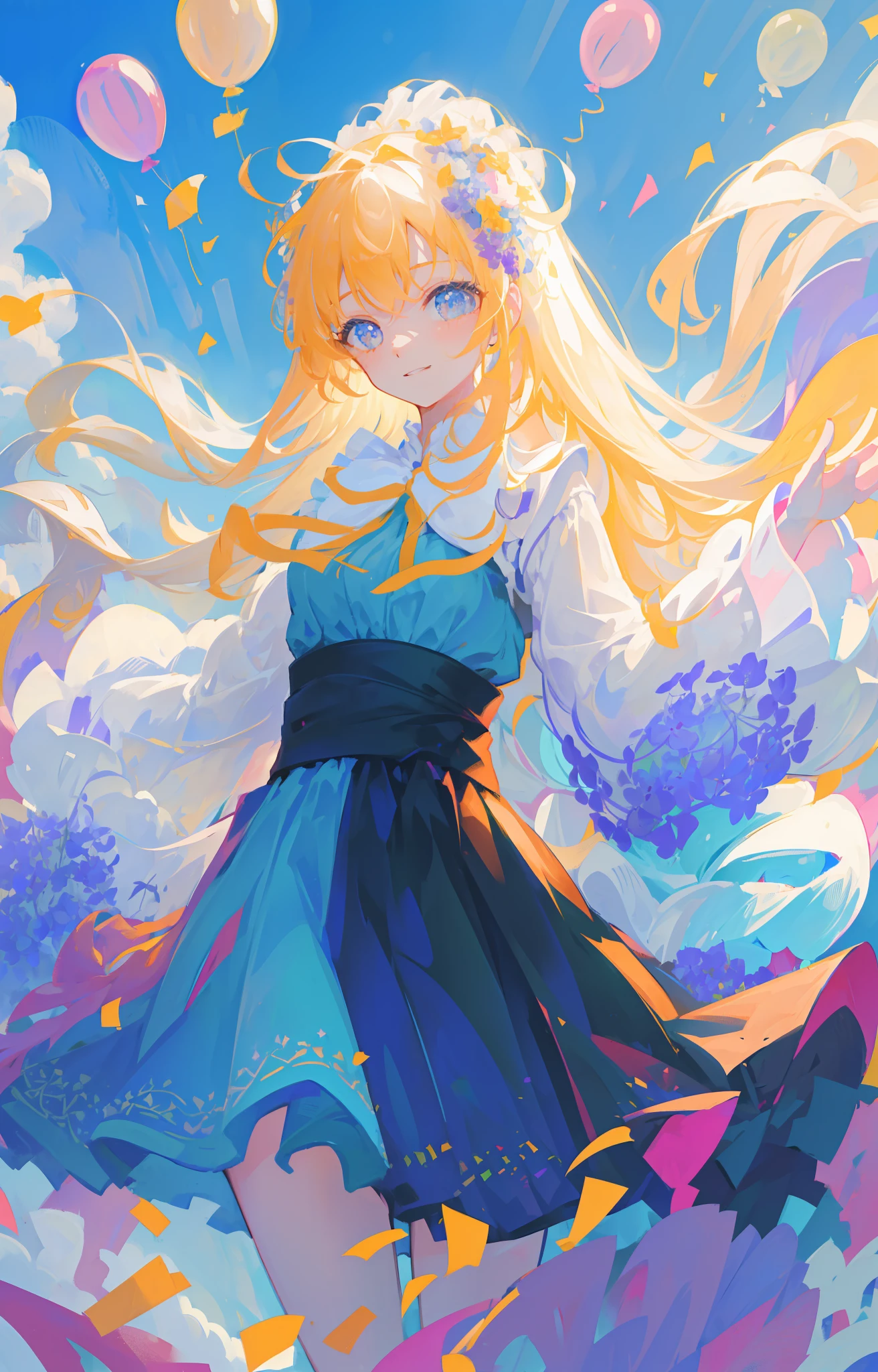 A girl holding flowers, colorful balloons floating in the sky, meadow, dancing, holding flowers, happy, happy, perfect quality, clear focus (clutter-home: 0.8), (masterpiece: 1.2) (Realistic: 1.2) (Bokeh) (Best quality) (Detailed skin: 1.3) (Intricate details) (8K) (Detail Eyes) (Sharp Focus), (Happy)