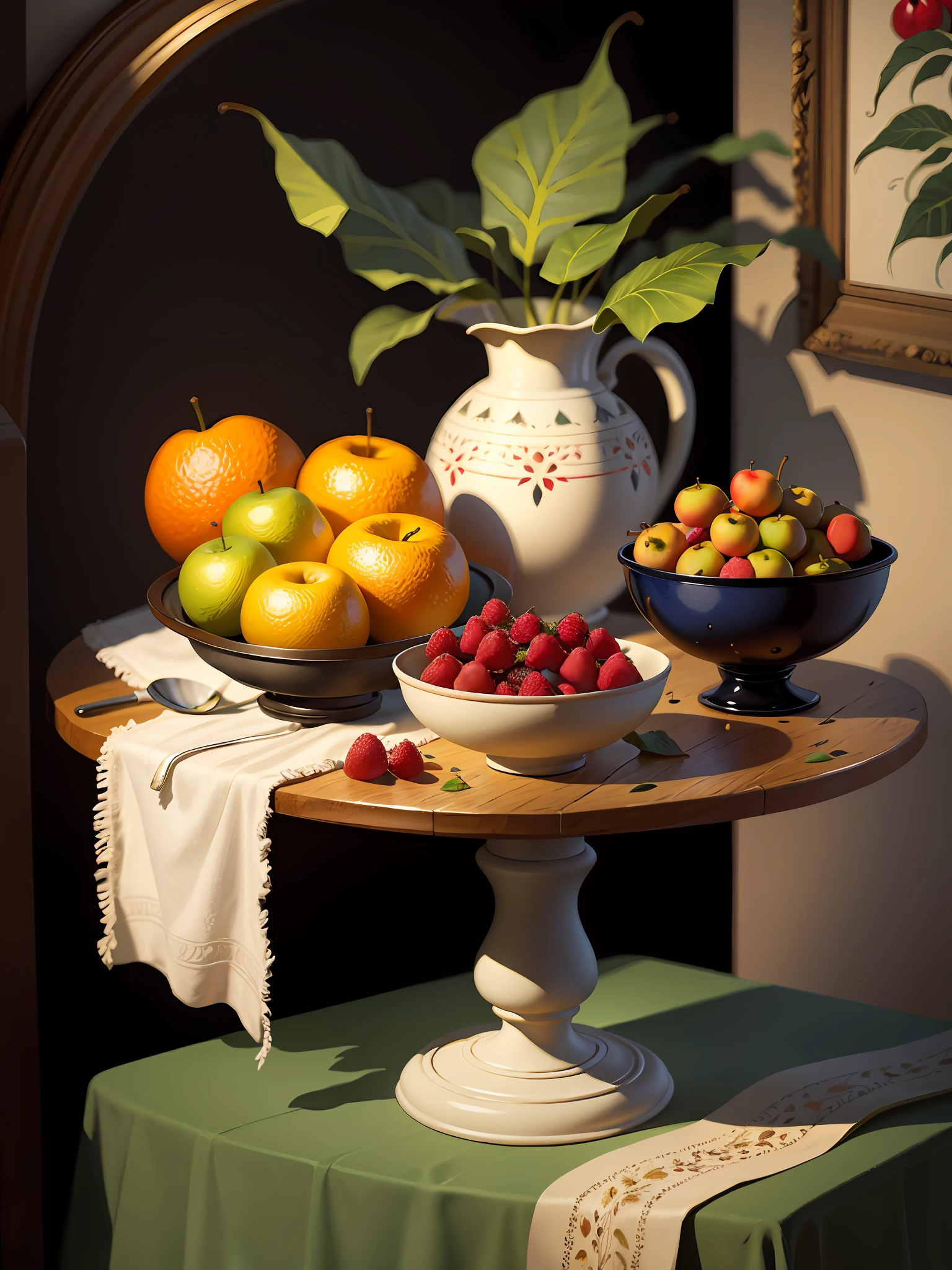 painting of a still life of fruit on a table with a leaf, still life painting, (a bowl of fruits)!!!!!!!!!, pain in oil, painting in oil!!!, fruits, by Perin del Vaga, style of oil painting, oil art, painted in oil colors, intricate oil painting, oil painting