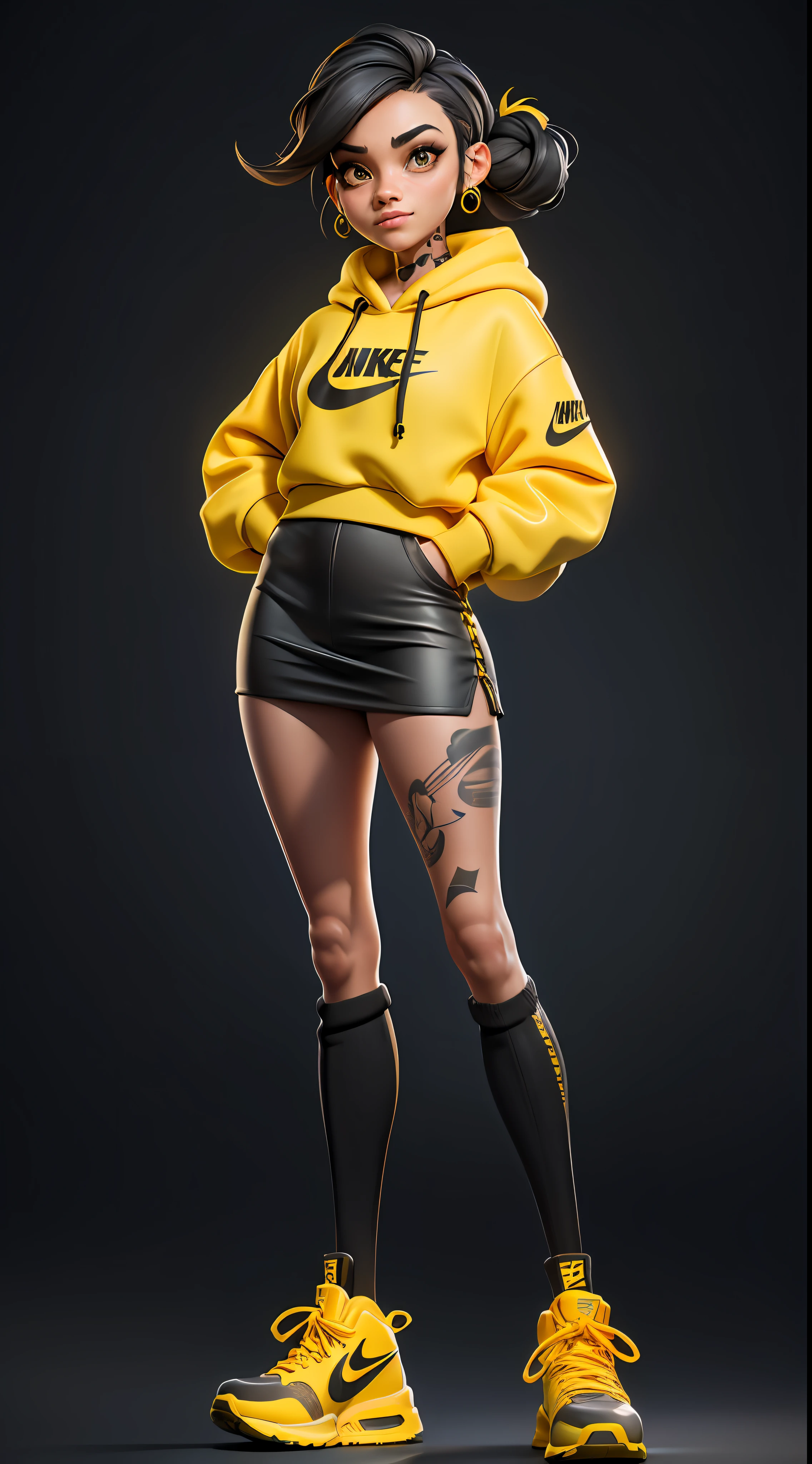 Masterpiece, Best Quality, Hyper Realistic,8K, Super Detailed, attractive girl with Black and Yellow Hoodie,Black Short Skirt,Tattoos, 1girl, Yellow Nike Boots, Style Raw, Happy, Detailed Face,Bokeh, Octane Render,Thick Thighs,Black Long Socks