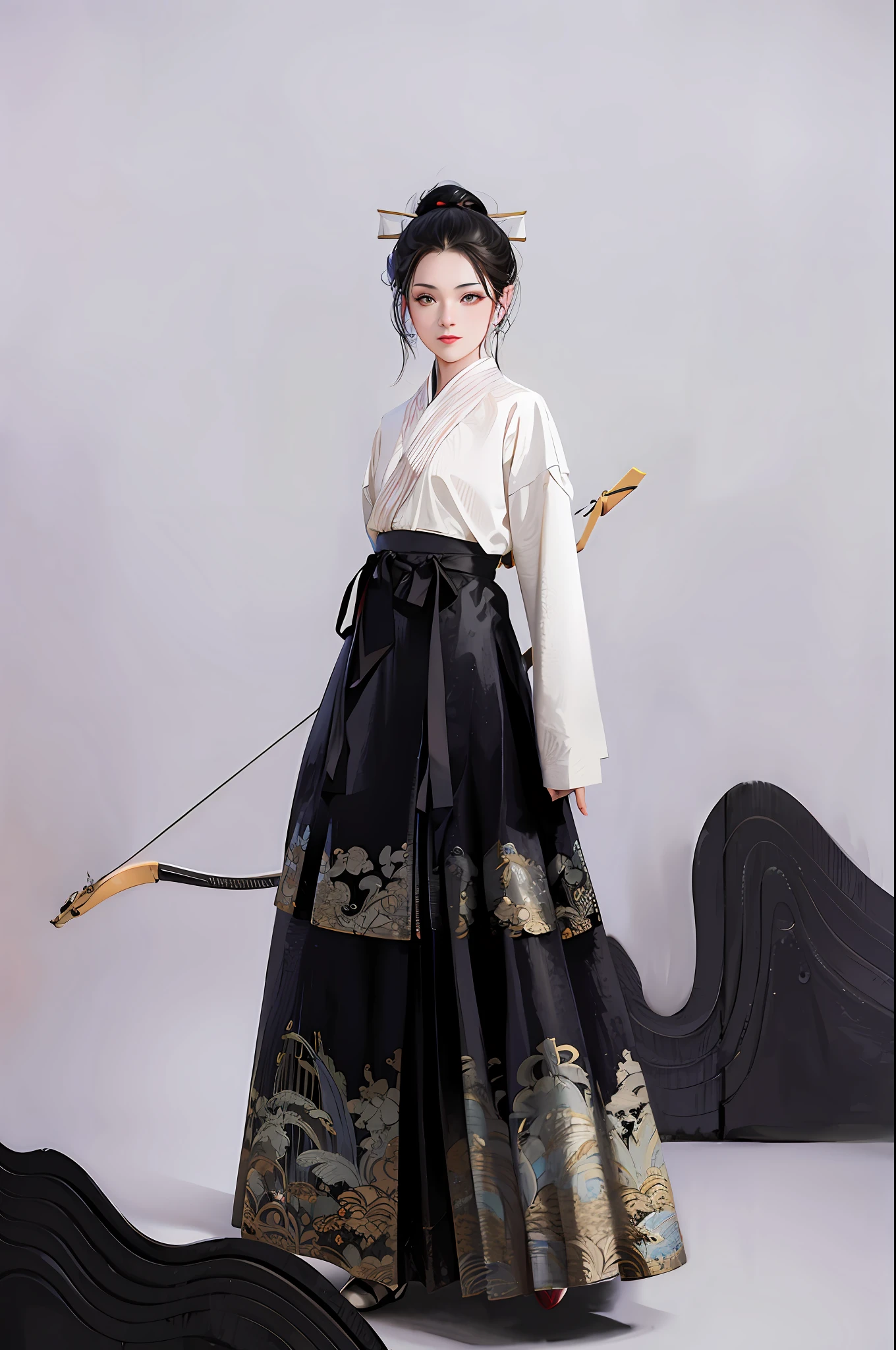 arafed woman in a black and white dress holding a bow and arrow, hanfu, white hanfu, traditional chinese clothing, with acient chinese clothes, traditional, wearing ancient chinese clothes, ancient china art style, japanese clothes, traditional clothes, chinese costume, traditional clothing, imperial royal elegant clothing, full body wuxia, inspired by Emperor Huizong of Song