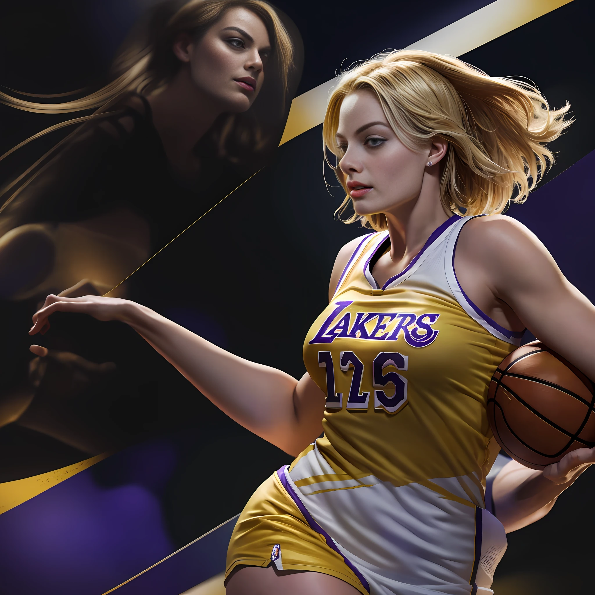 Margot Robbie playing basketball for the Los Angeles Lakers
