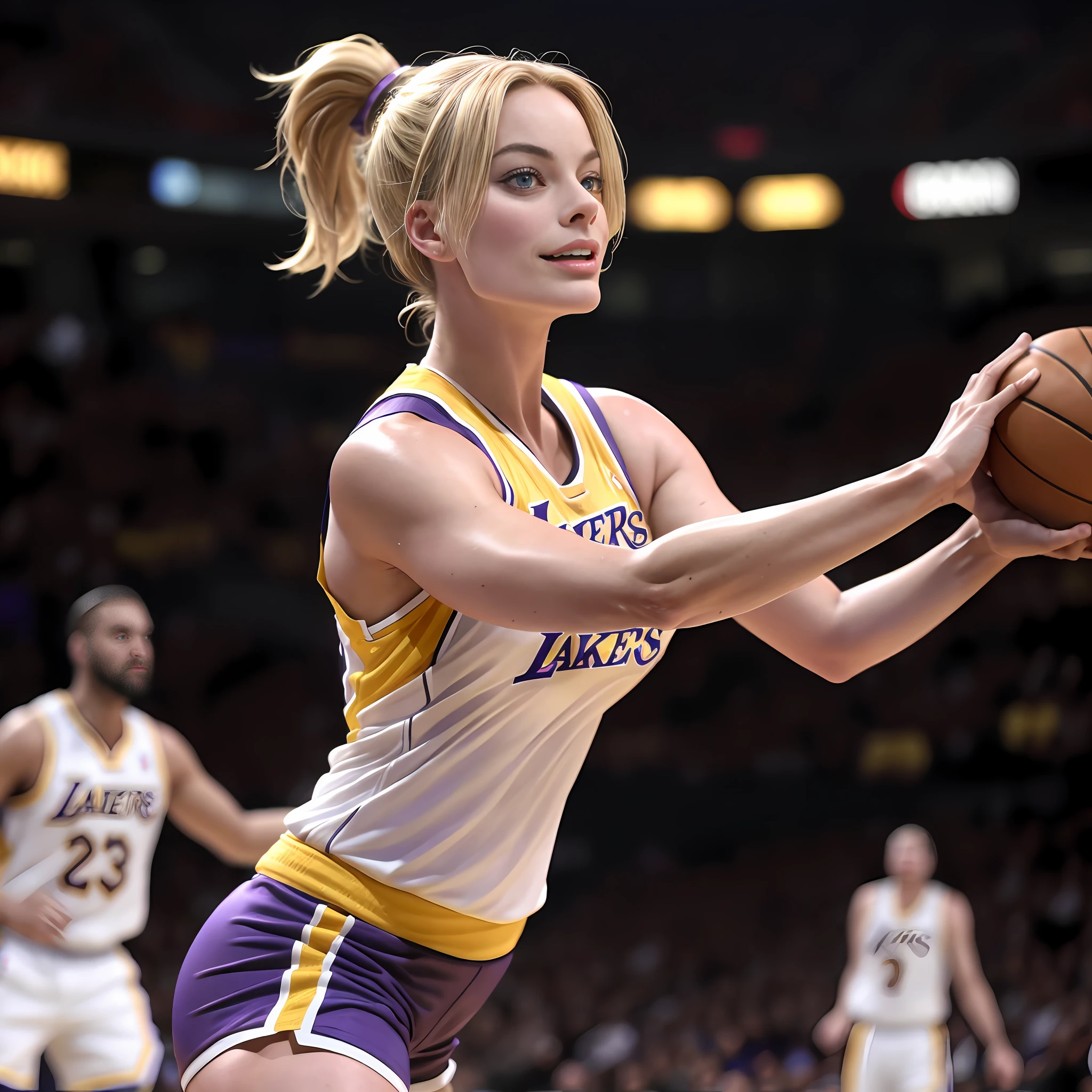 Margot Robbie playing basketball for the Los Angeles Lakers