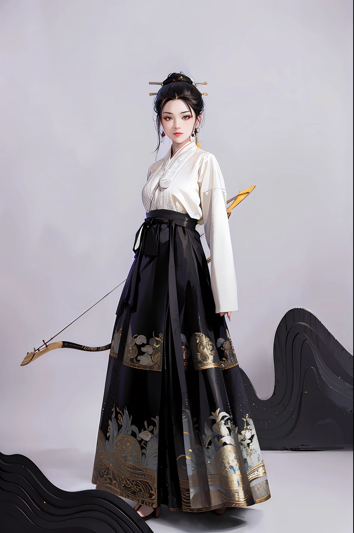 arafed woman in a black and white dress holding a bow and arrow, hanfu, white hanfu, traditional chinese clothing, with acient chinese clothes, traditional, wearing ancient chinese clothes, ancient china art style, japanese clothes, traditional clothes, chinese costume, traditional clothing, imperial royal elegant clothing, full body wuxia, inspired by Emperor Huizong of Song