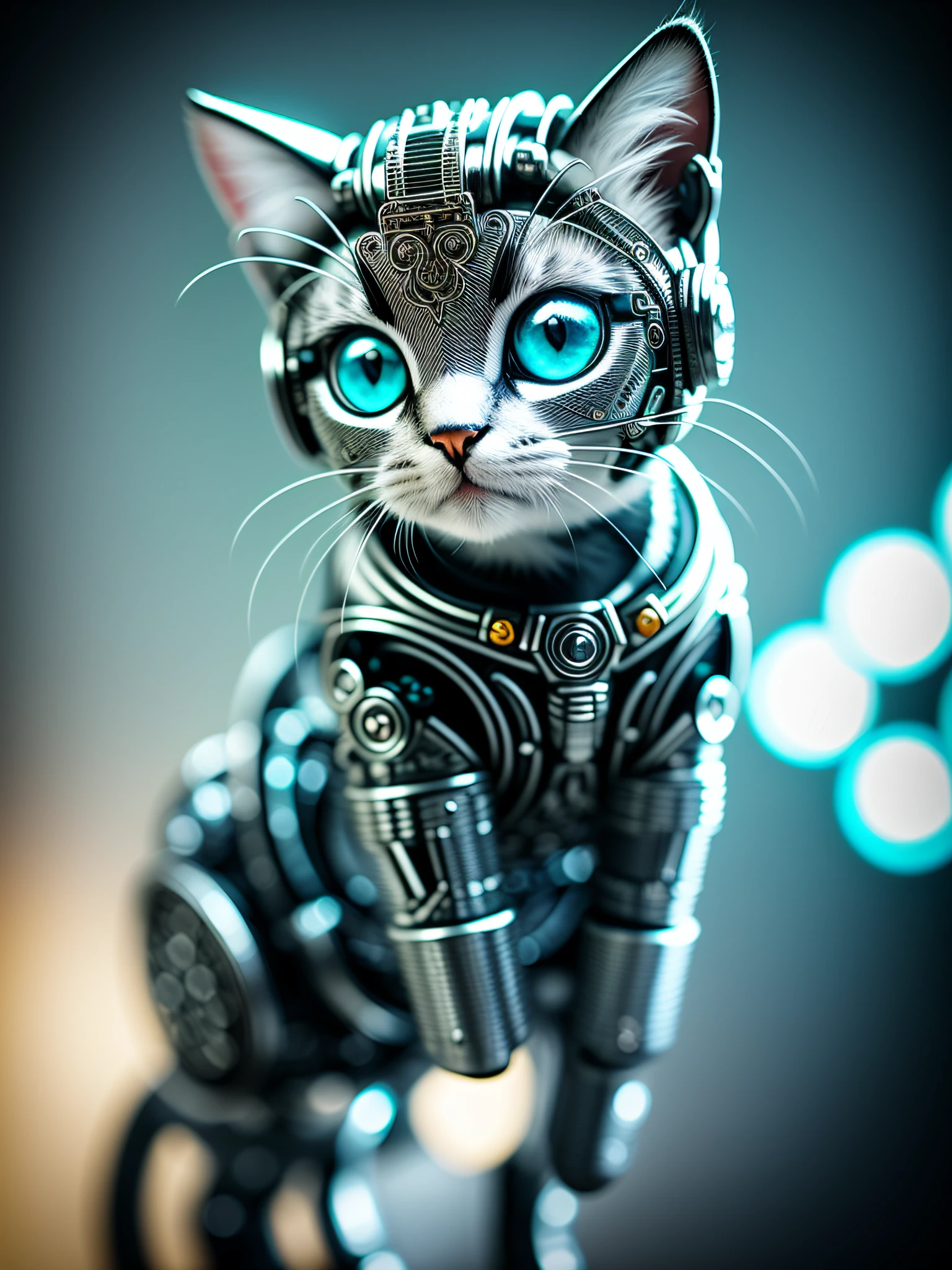 A cute kitten made of metal, (cyborg:1.1), ([tail|detailed wire]:1.3), (intricate detail), hdr, (intricate detail, hyperdetailed:1.2), cine lens, halo shadows , centered