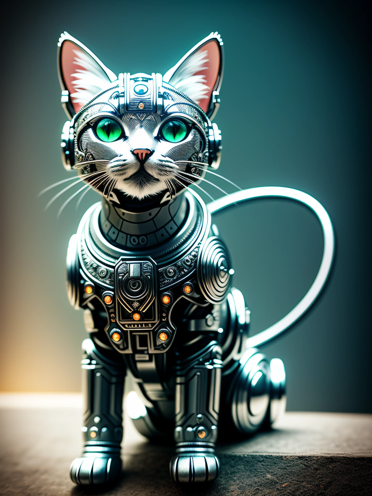 A cute kitten made of metal, (cyborg:1.1), ([tail|detailed wire]:1.3), (intricate detail), hdr, (intricate detail, hyperdetailed:1.2), cine lens, halo shadows , centered